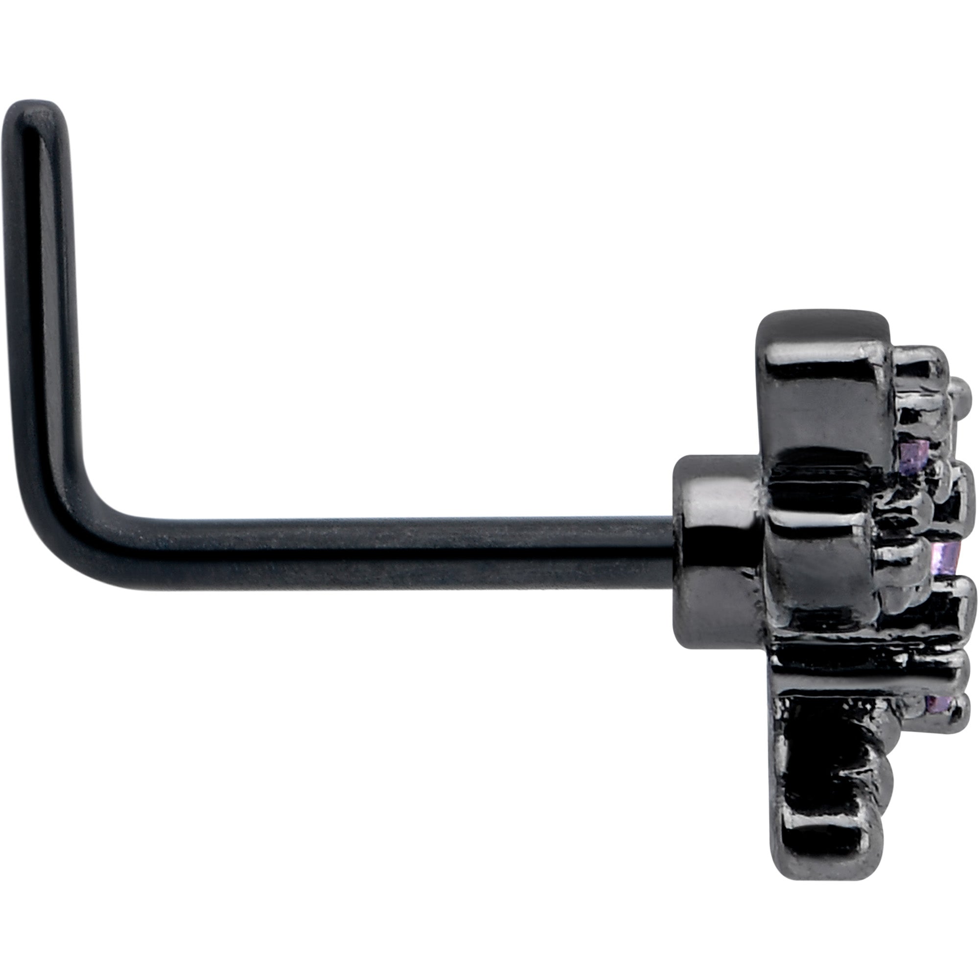 BodyCandy 20G 7mm Purple CZ Gem Black Night Dragonfly L Shape Nose Ring — side view