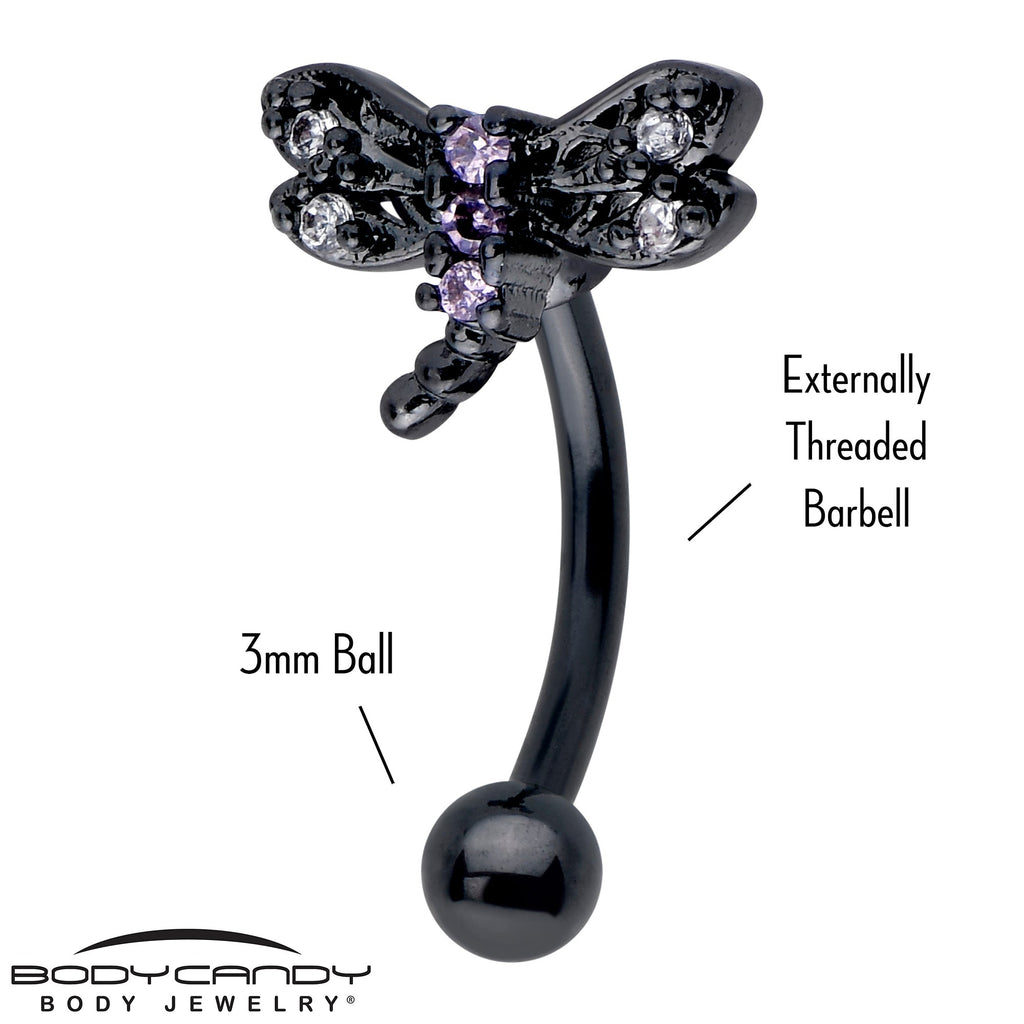 BodyCandy 16G 5/16 Purple CZ Gem Black Night Dragonfly Curved Eyebrow Ring — detail close-up