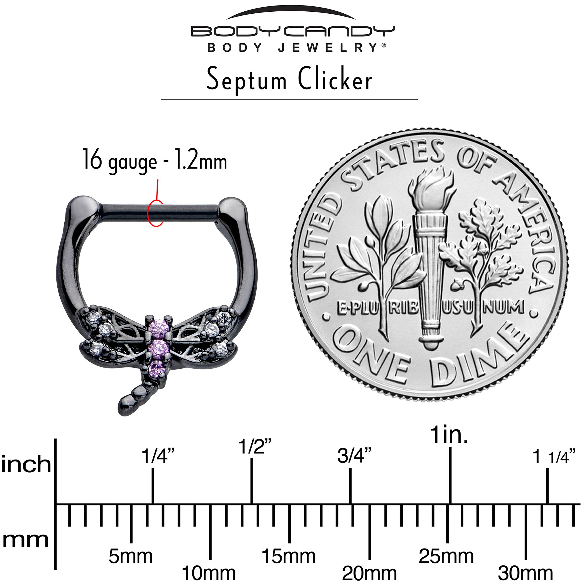 BodyCandy 16G 5/16 Purple CZ Gem Black Night Dragonfly Cartilage Clicker — side view