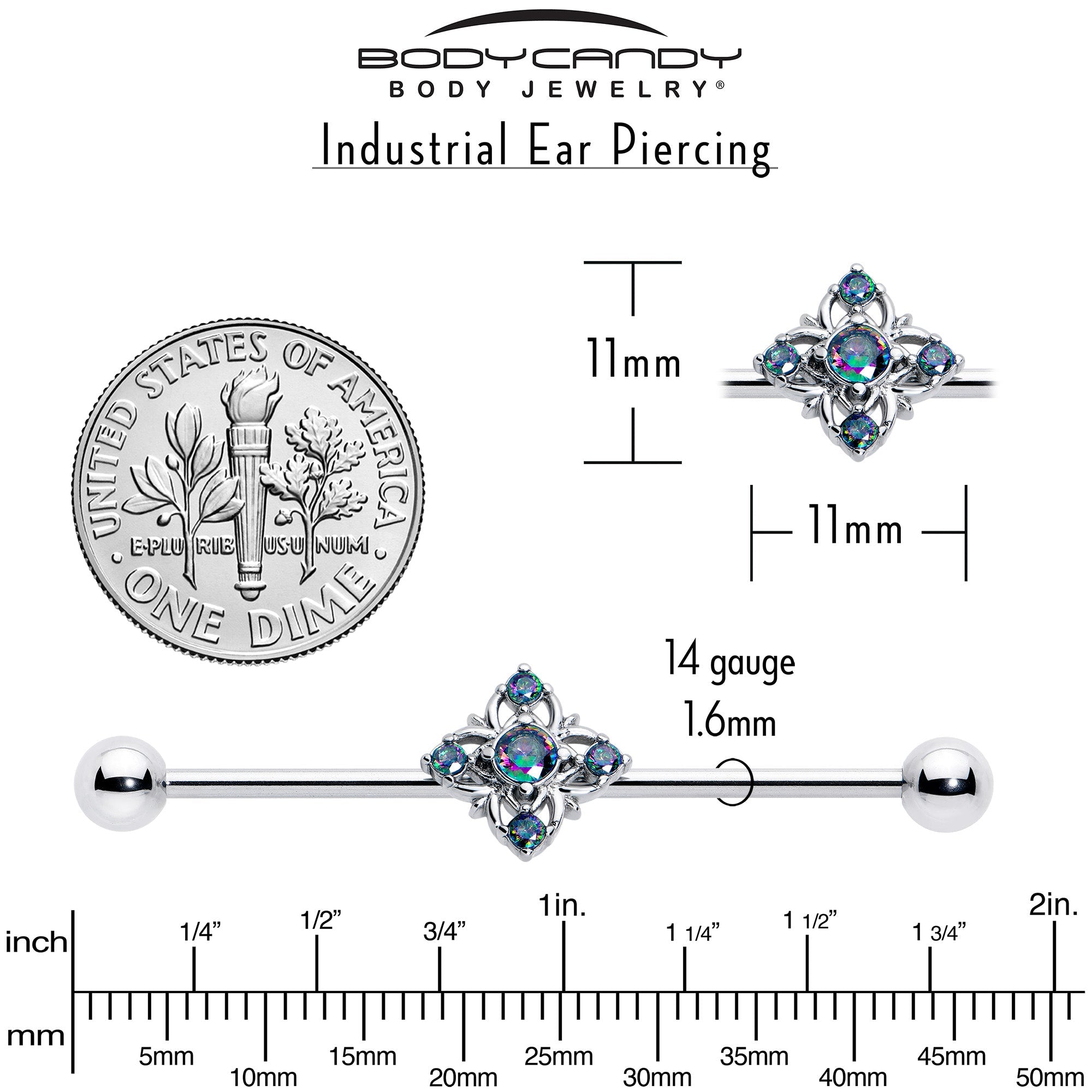 BodyCandy 14G Vitrail CZ Gem Beauty Cross Industrial Barbell 38mm — side view