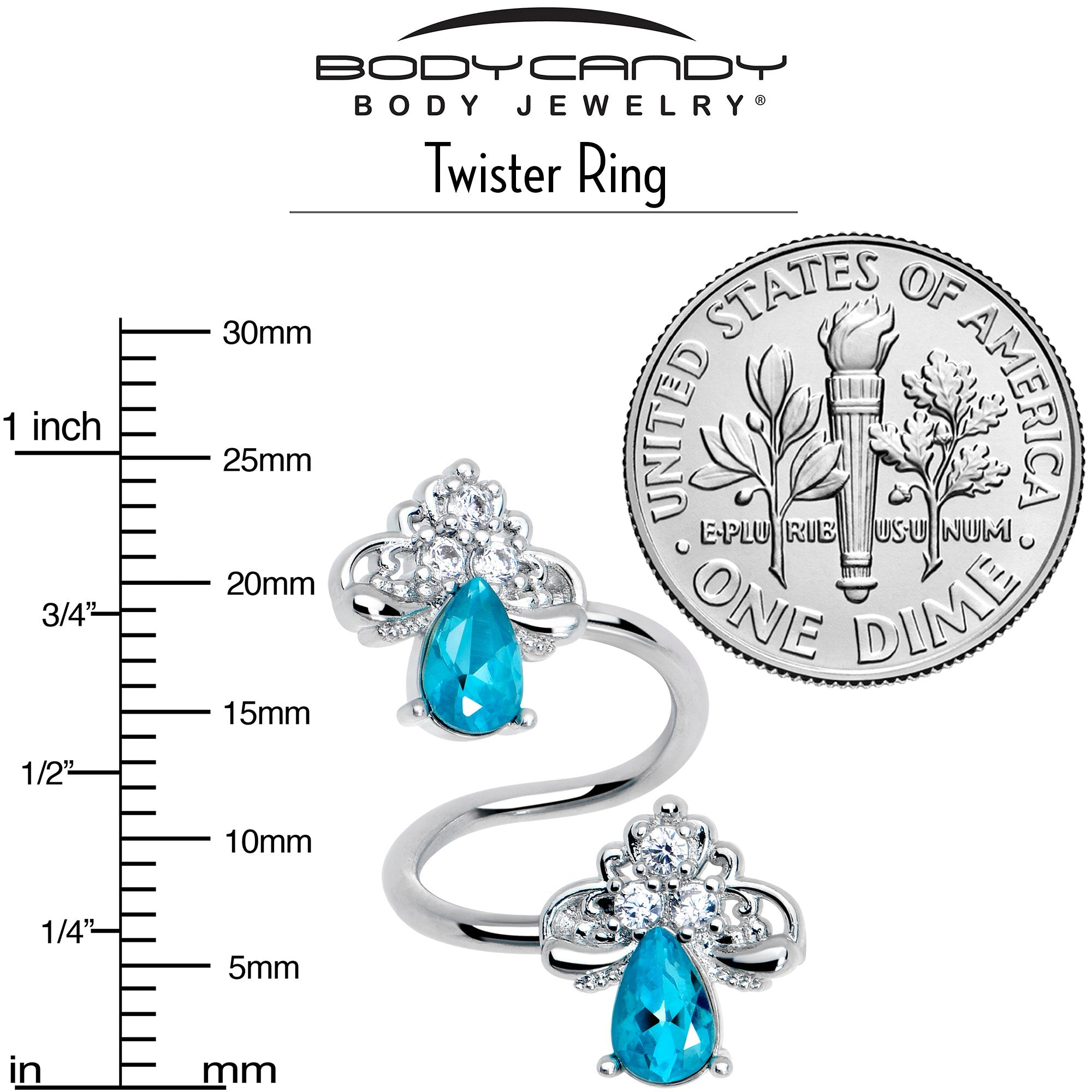 BodyCandy Clear Blue Gem Style Simplicity Spiral Twister Belly Ring — detail close-up