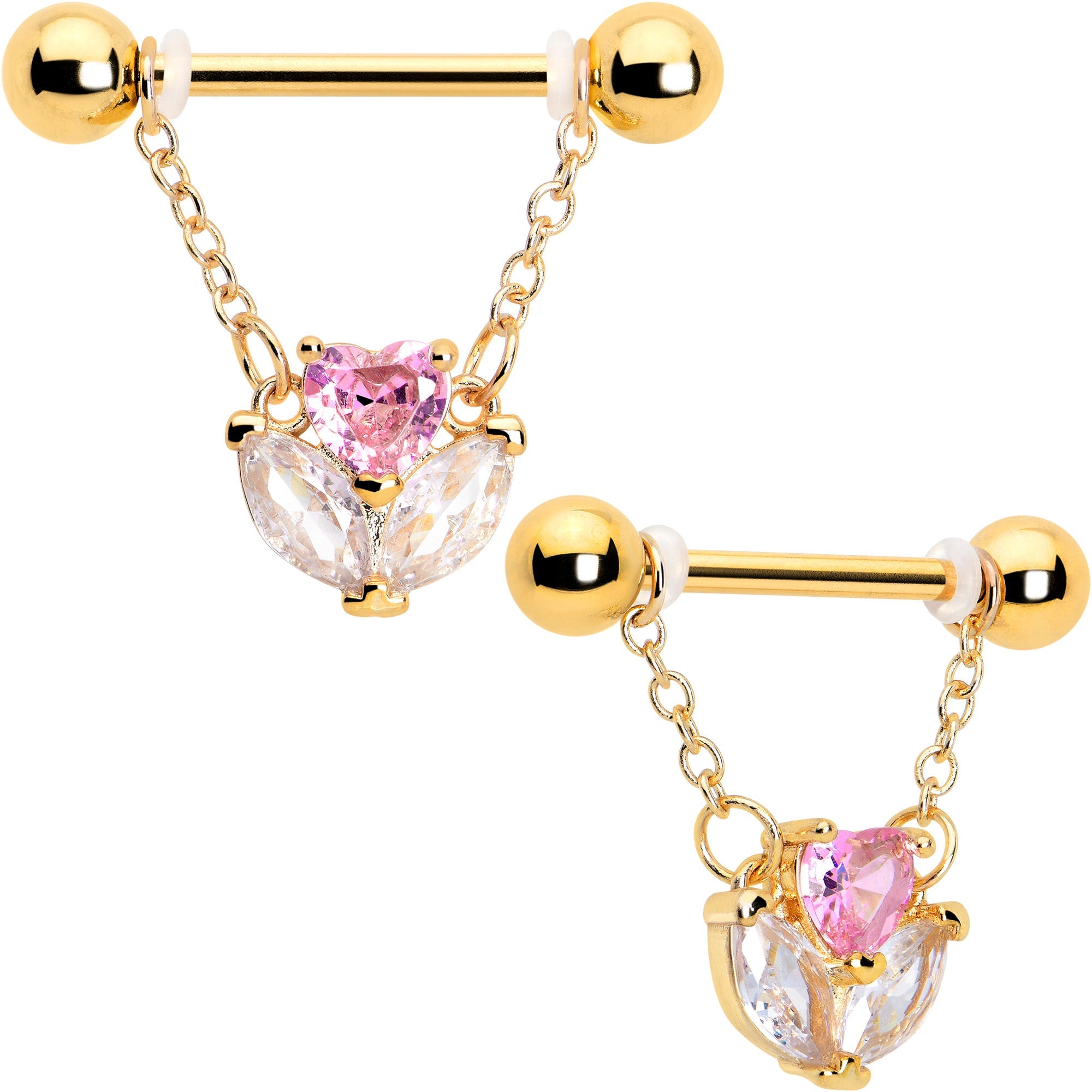 BodyCandy 14G 9/16 Pink CZ Gem Gold Tone Love Flower Dangle Nipple Ring Set — main product shot