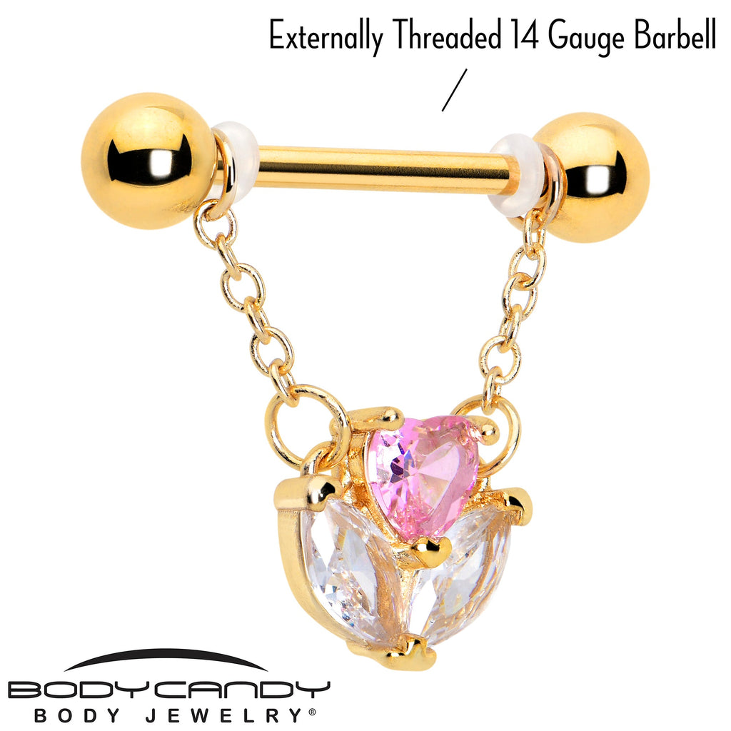 BodyCandy 14G 9/16 Pink CZ Gem Gold Tone Love Flower Dangle Nipple Ring Set — detail close-up