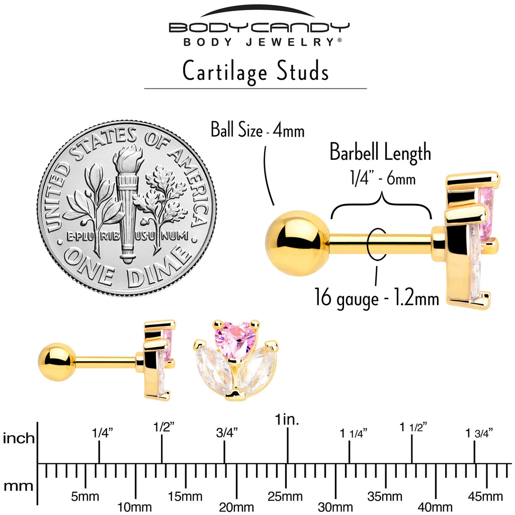 BodyCandy 16G 1/4 Pink CZ Gem Gold Tone Love Flower Cartilage Tragus Earring — side view