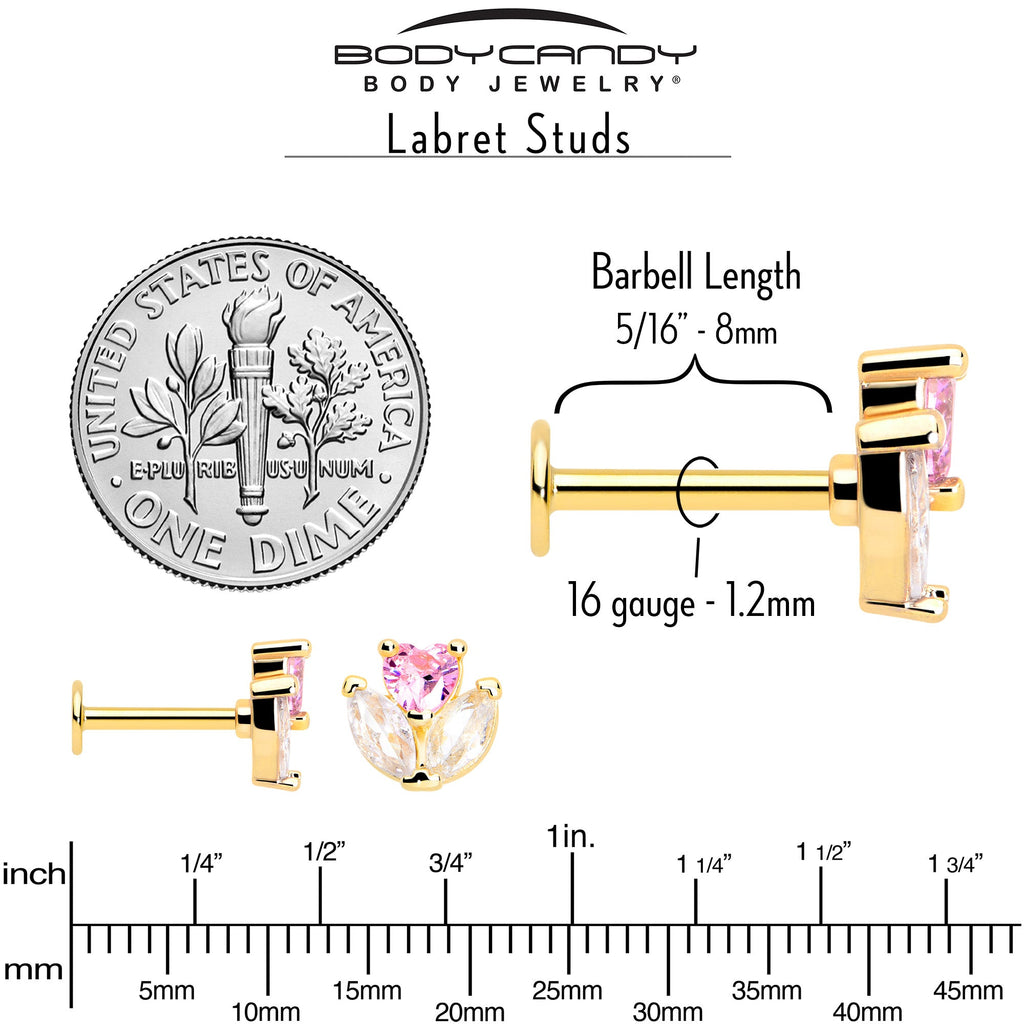 BodyCandy 16G 5/16 Pink CZ Gem Gold Tone Love Flower Labret Monroe Tragus — side view
