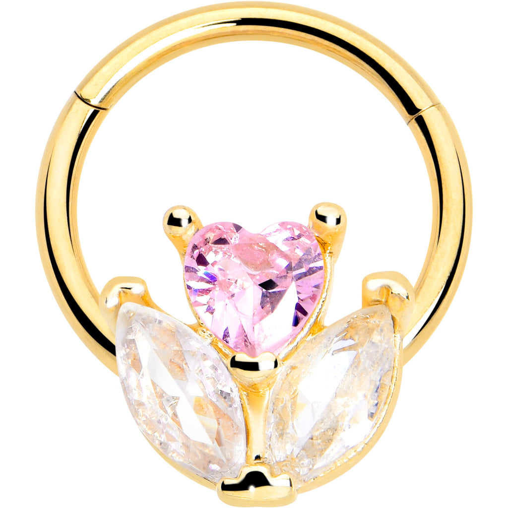 BodyCandy 16G 3/8 Pink CZ Gem Gold Tone Love Flower Hinged Segment Ring — main product shot