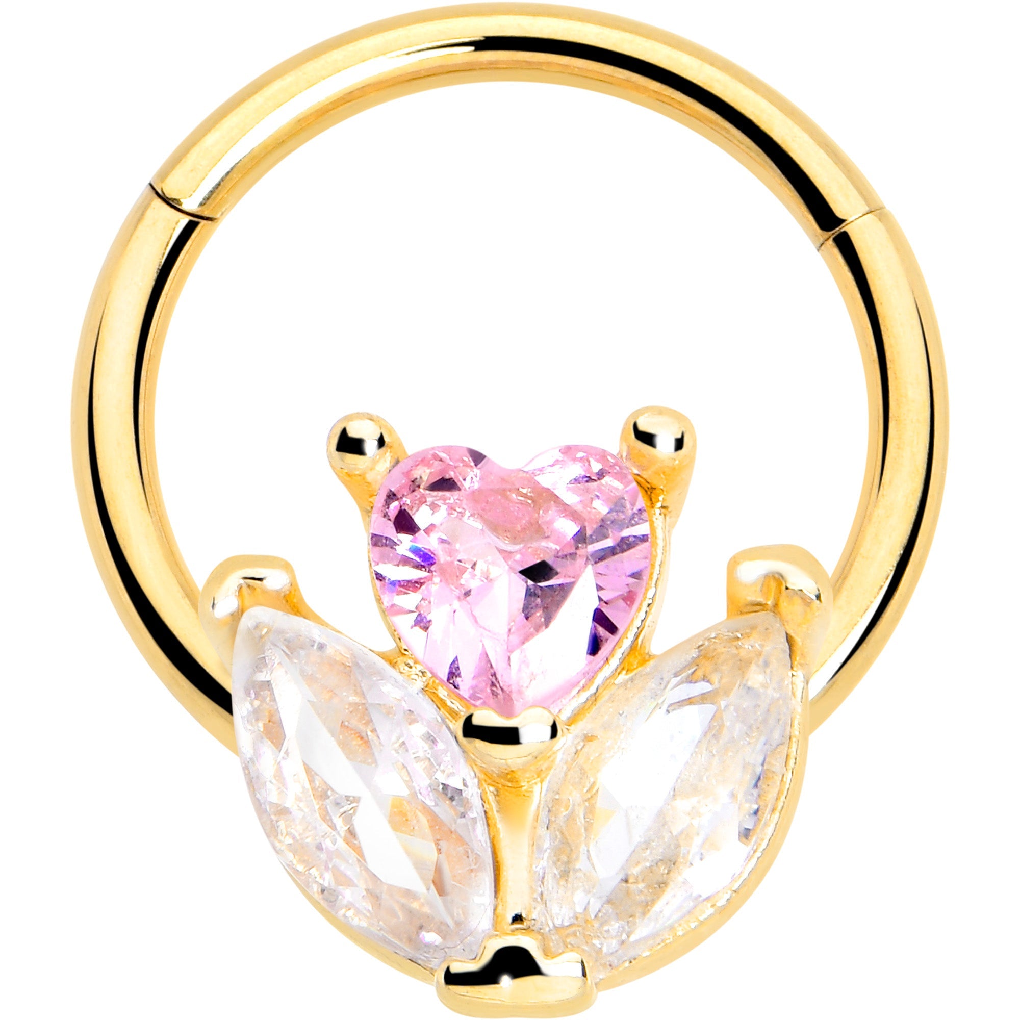 BodyCandy 16G 3/8 Pink CZ Gem Gold Tone Love Flower Hinged Segment Ring — main product shot
