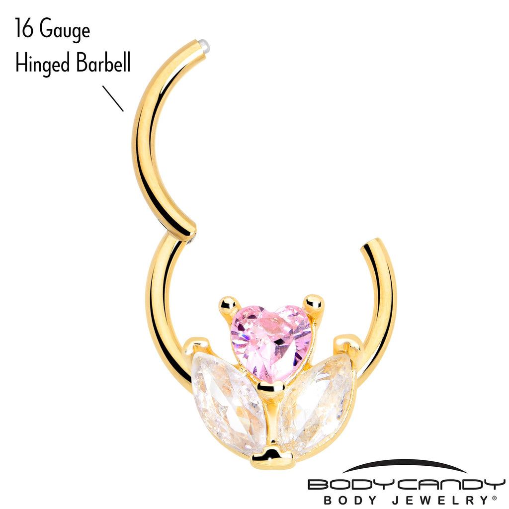 BodyCandy 16G 3/8 Pink CZ Gem Gold Tone Love Flower Hinged Segment Ring — detail close-up