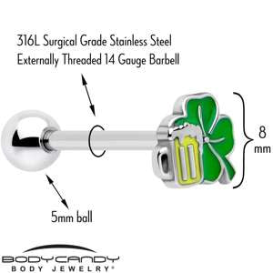 BodyCandy Beer Shamrock St Patricks Barbell Tongue Ring — detail close-up