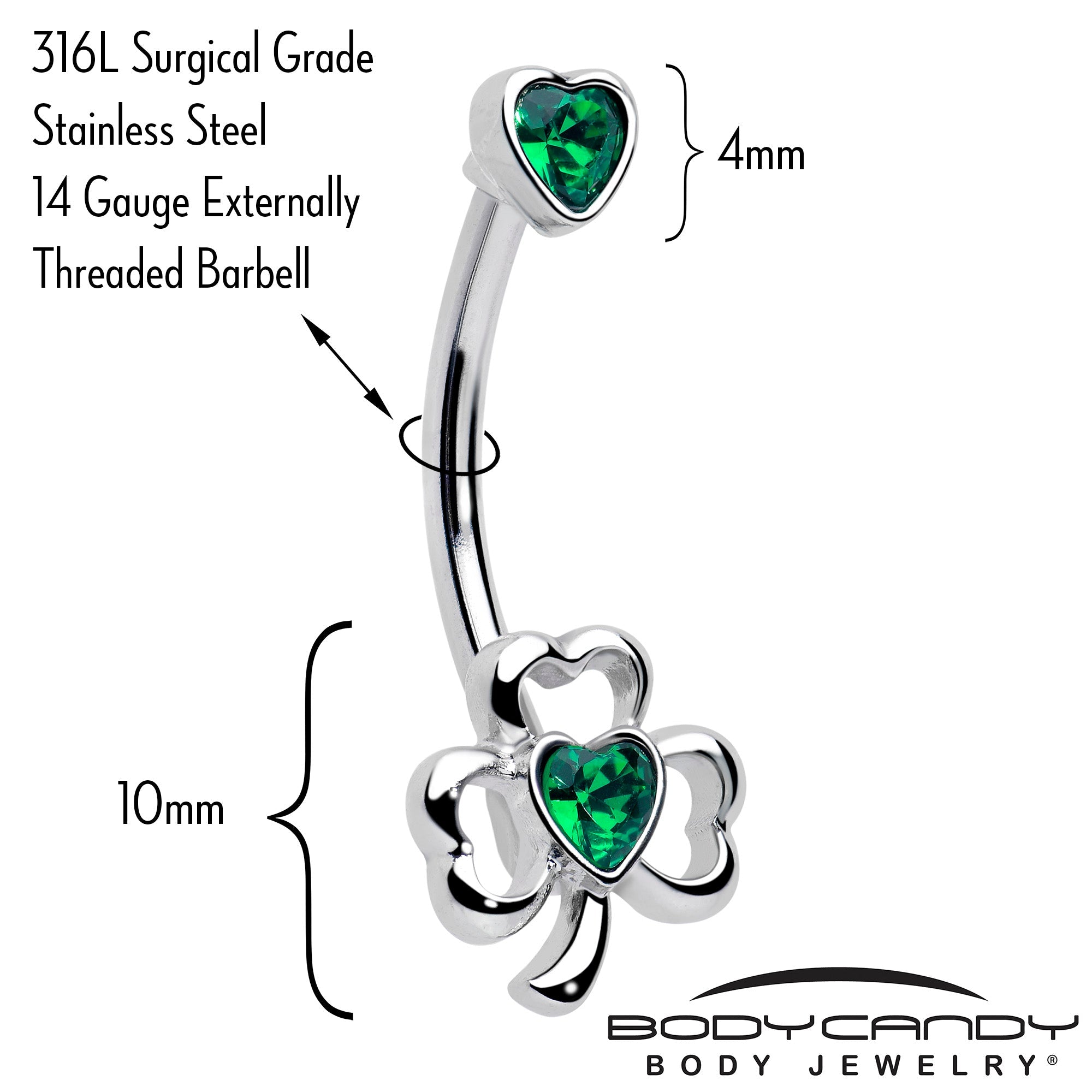 BodyCandy Green Gem Heart Shamrock St Patricks Day Double Mount Belly Ring — detail close-up