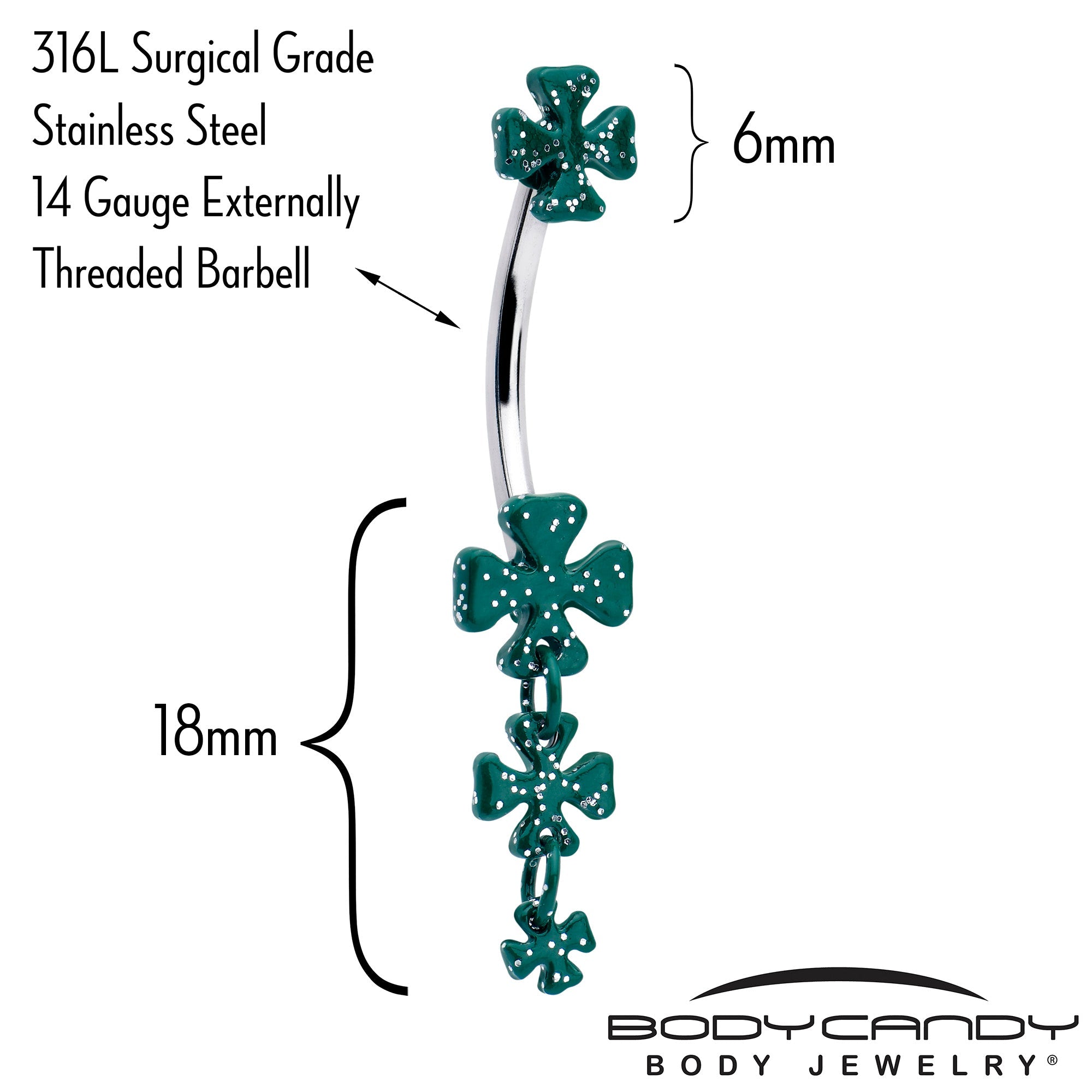 BodyCandy Polka Dot Shamrock St Patricks Double Mount Dangle Belly Ring — detail close-up