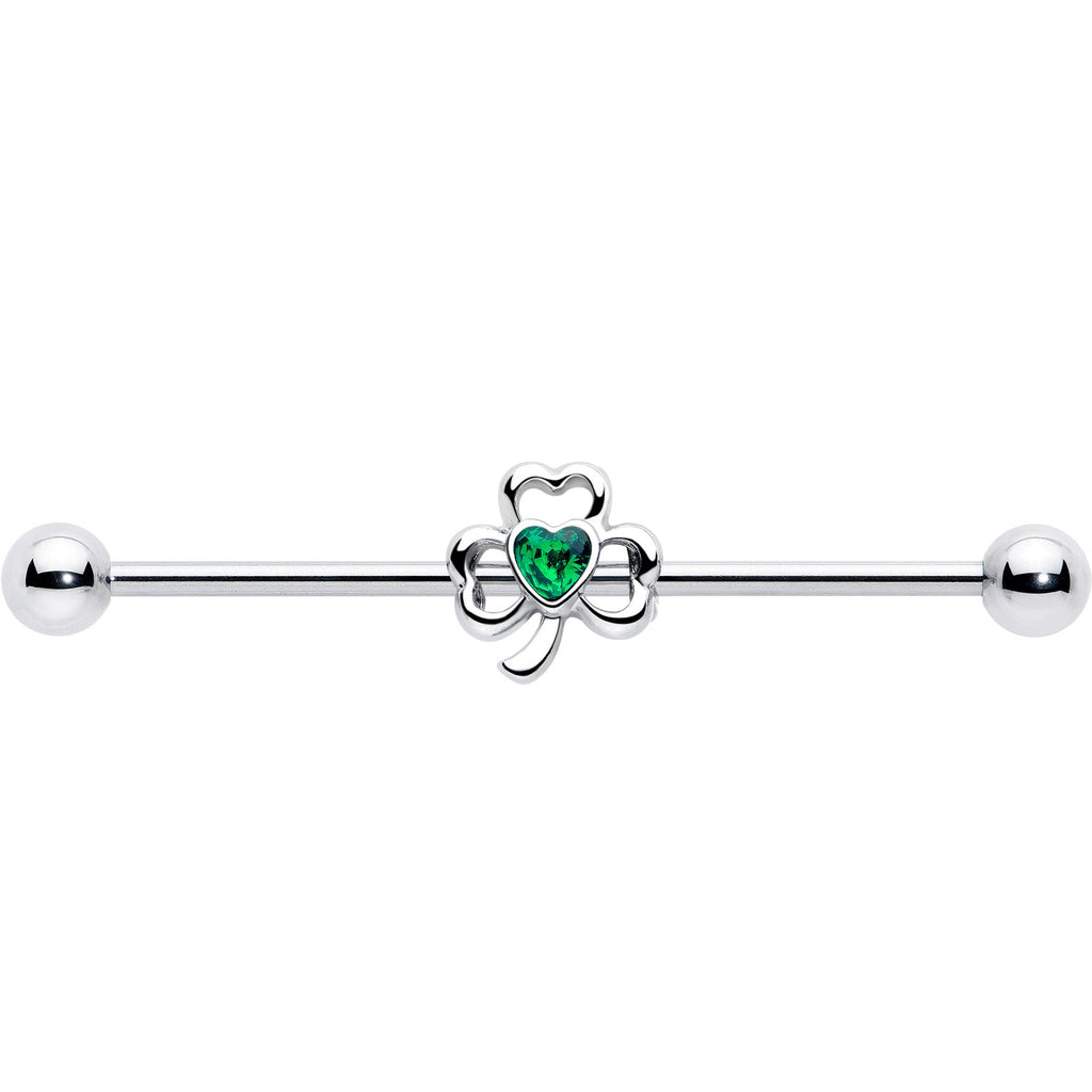 BodyCandy 14G Green Gem Heart Shamrock St Patricks Day Industrial Barbell 38mm — detail close-up