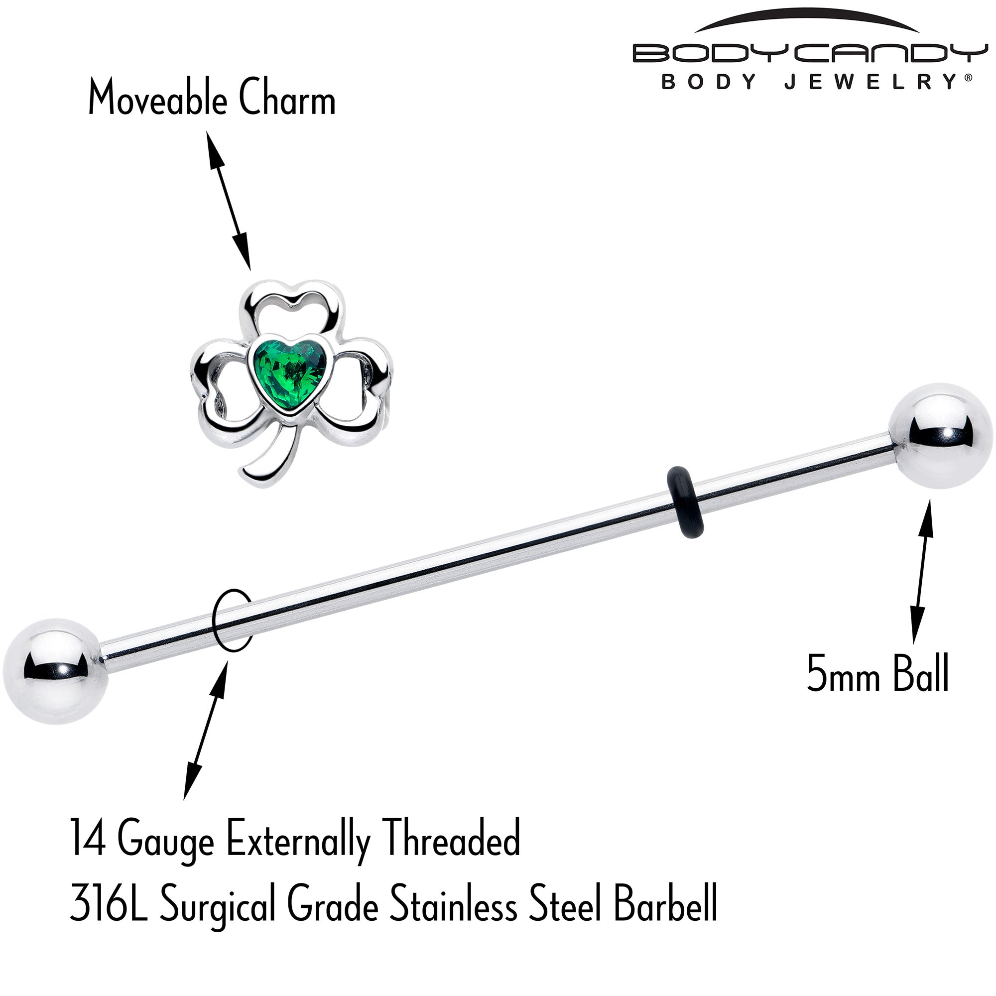 BodyCandy 14G Green Gem Heart Shamrock St Patricks Day Industrial Barbell 38mm — lifestyle context