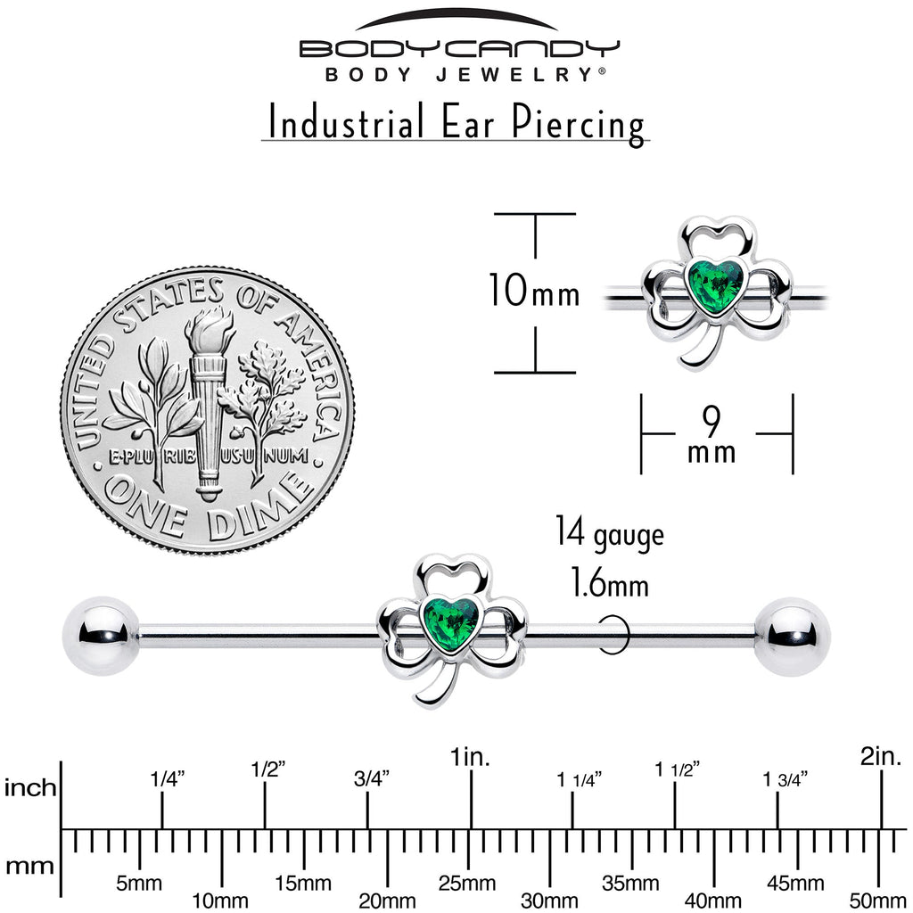 BodyCandy 14G Green Gem Heart Shamrock St Patricks Day Industrial Barbell 38mm — side view