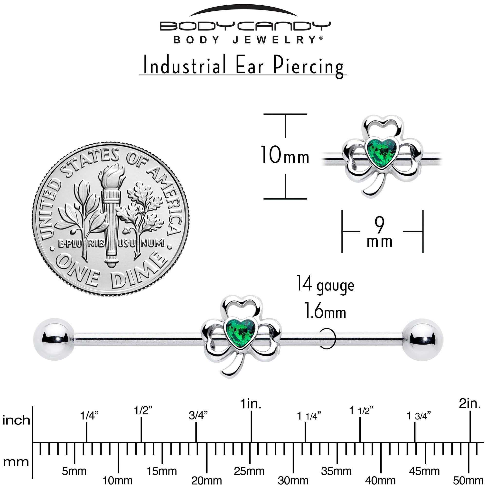 BodyCandy 14G Green Gem Heart Shamrock St Patricks Day Industrial Barbell 38mm — side view