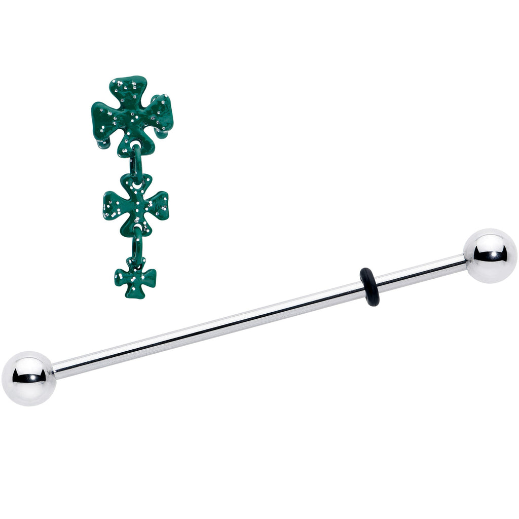 BodyCandy 14G Polka Dot Shamrock St Patricks Dangle Industrial Barbell 38mm — detail close-up