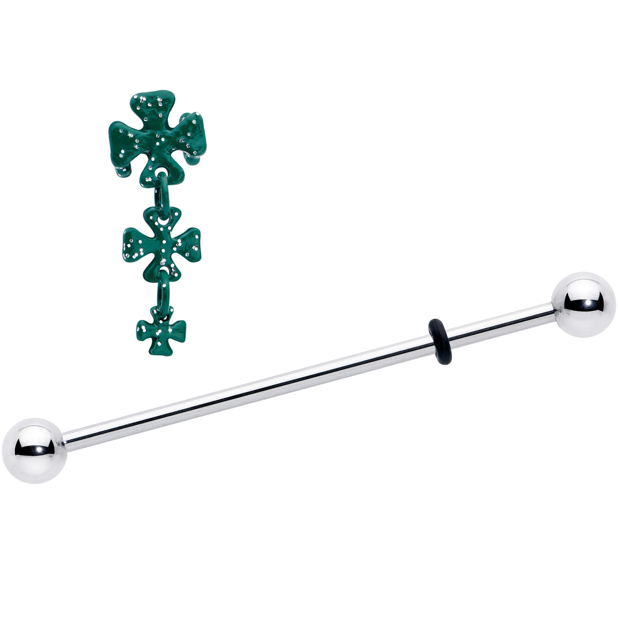BodyCandy 14G Polka Dot Shamrock St Patricks Dangle Industrial Barbell 38mm — detail close-up