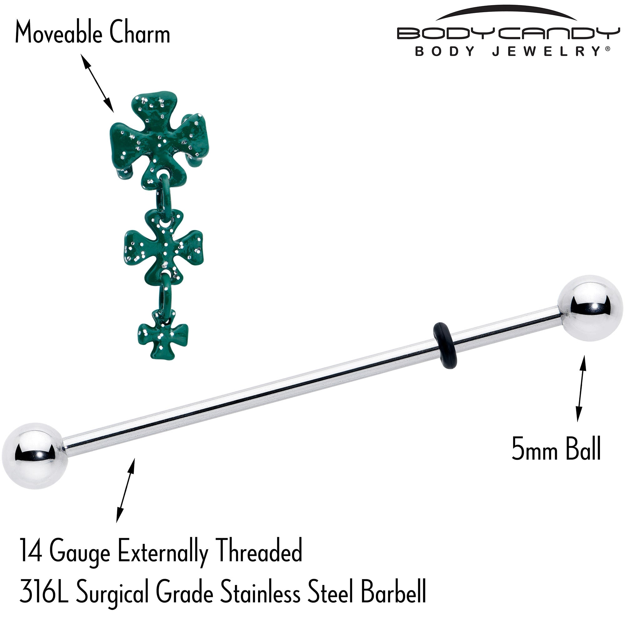 BodyCandy 14G Polka Dot Shamrock St Patricks Dangle Industrial Barbell 38mm — side view