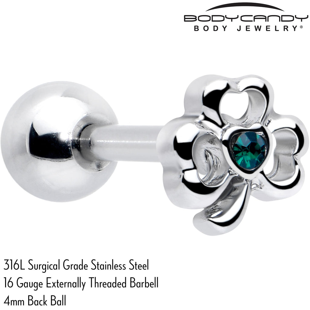 BodyCandy 16G 5/16 Green Gem Heart Shamrock St Patricks Cartilage Earring — detail close-up