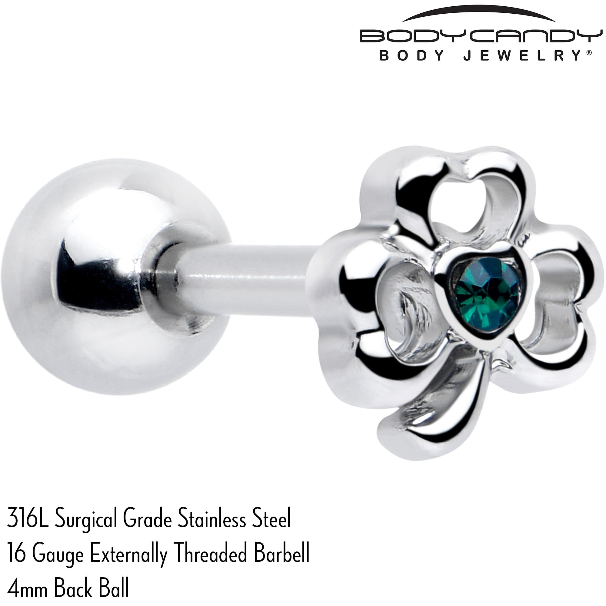 BodyCandy 16G 5/16 Green Gem Heart Shamrock St Patricks Cartilage Earring — detail close-up