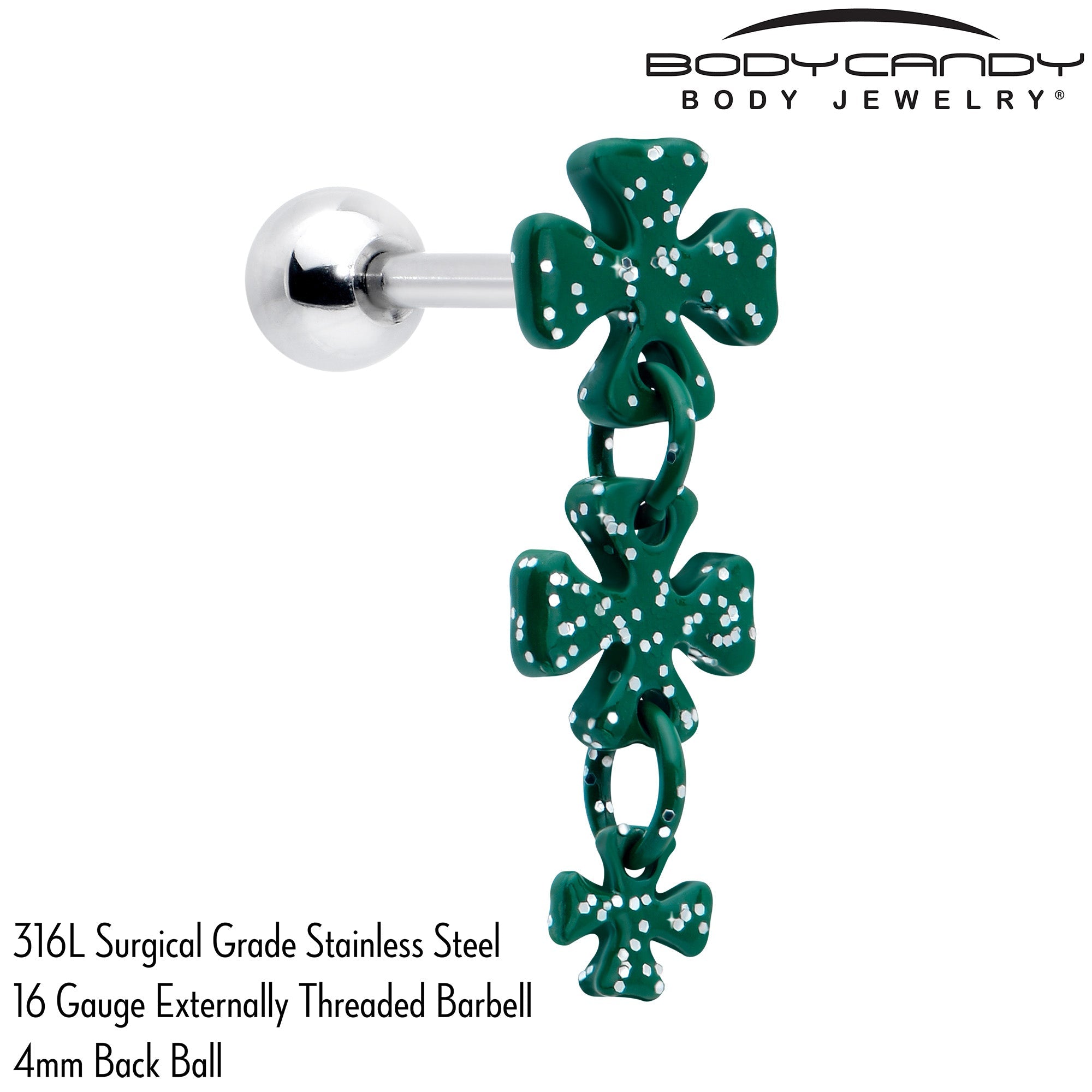 BodyCandy 16G 5/16 Polka Dot Shamrock Dangle Cartilage Tragus Earring — detail close-up