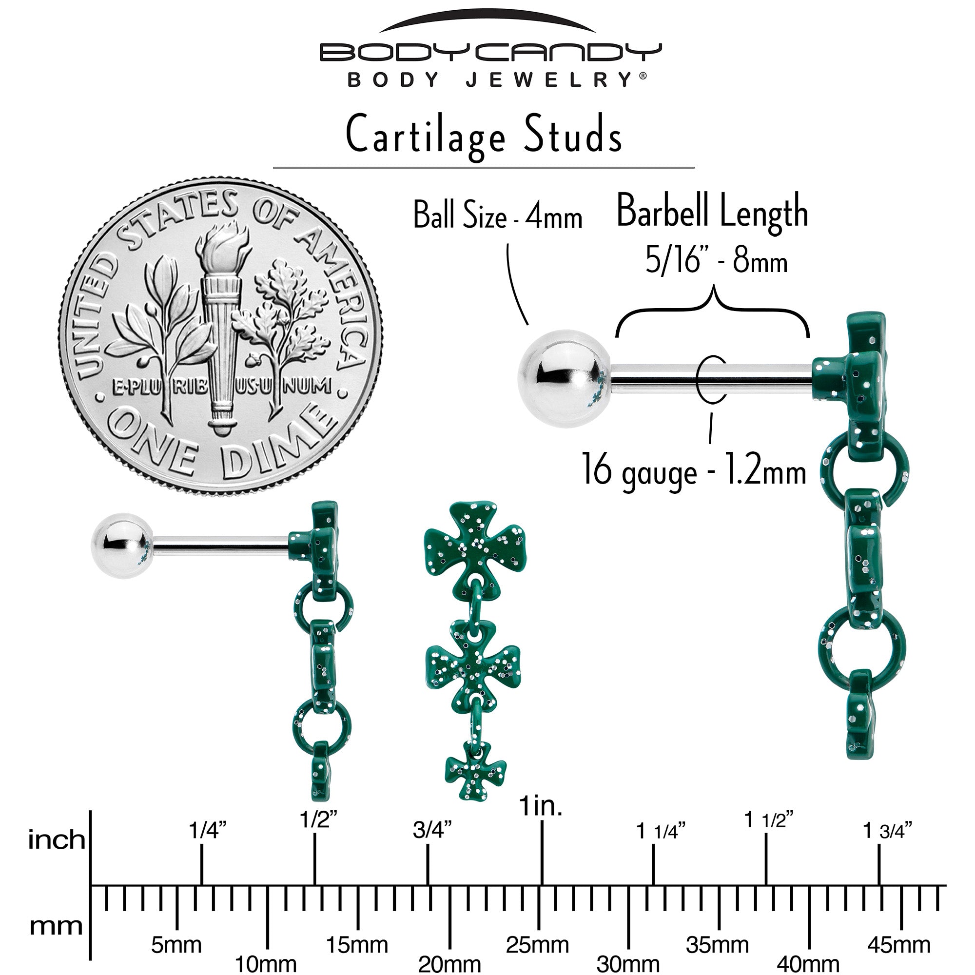 BodyCandy 16G 5/16 Polka Dot Shamrock Dangle Cartilage Tragus Earring — back view