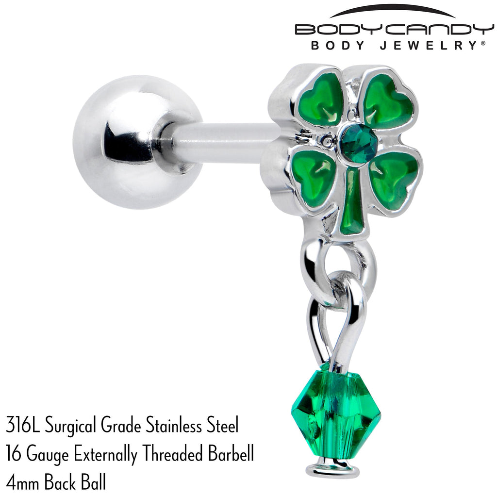 BodyCandy 16G 5/16 Green Gem Shamrock Glam St Patricks Dangle Cartilage Earring — detail close-up