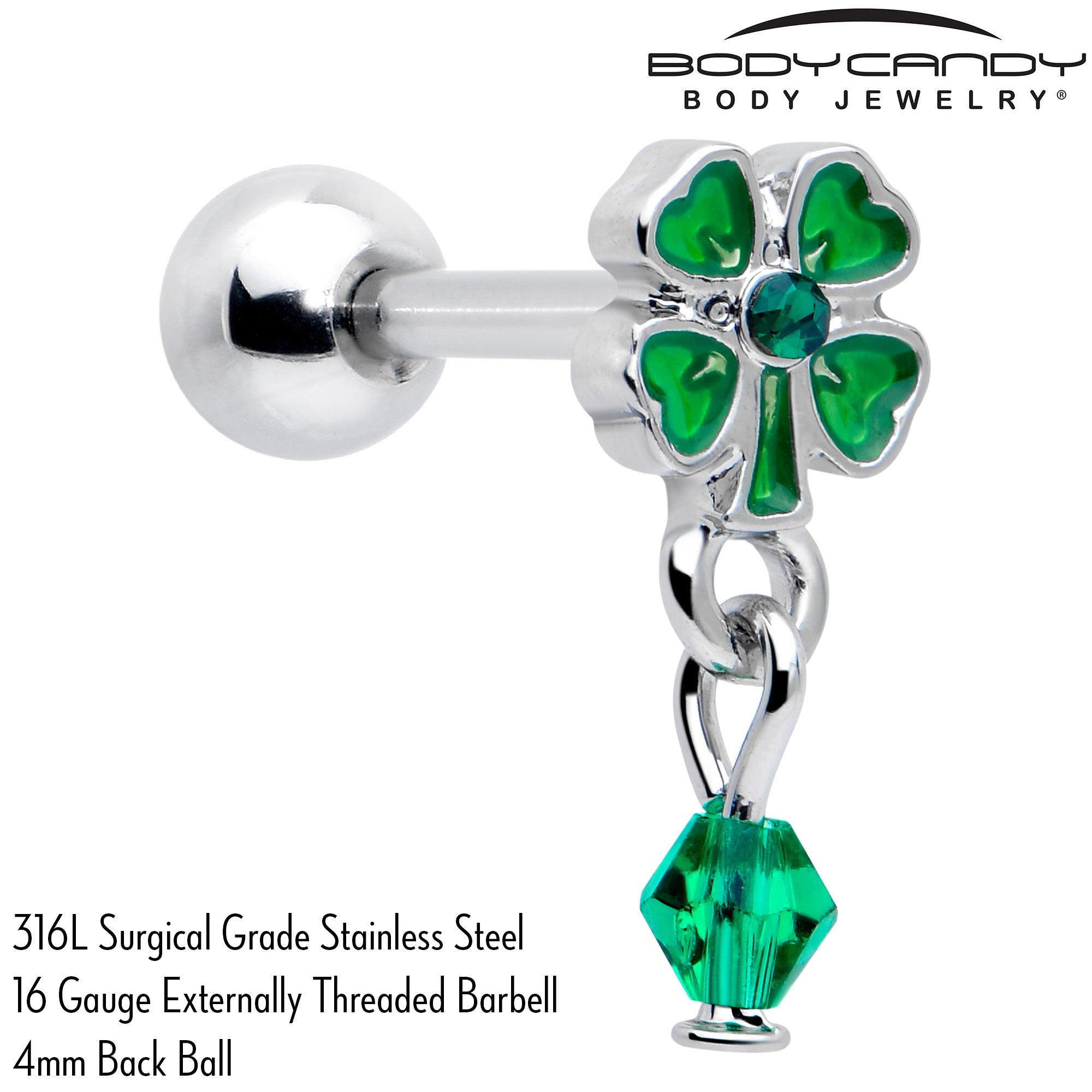 BodyCandy 16G 5/16 Green Gem Shamrock Glam St Patricks Dangle Cartilage Earring — detail close-up