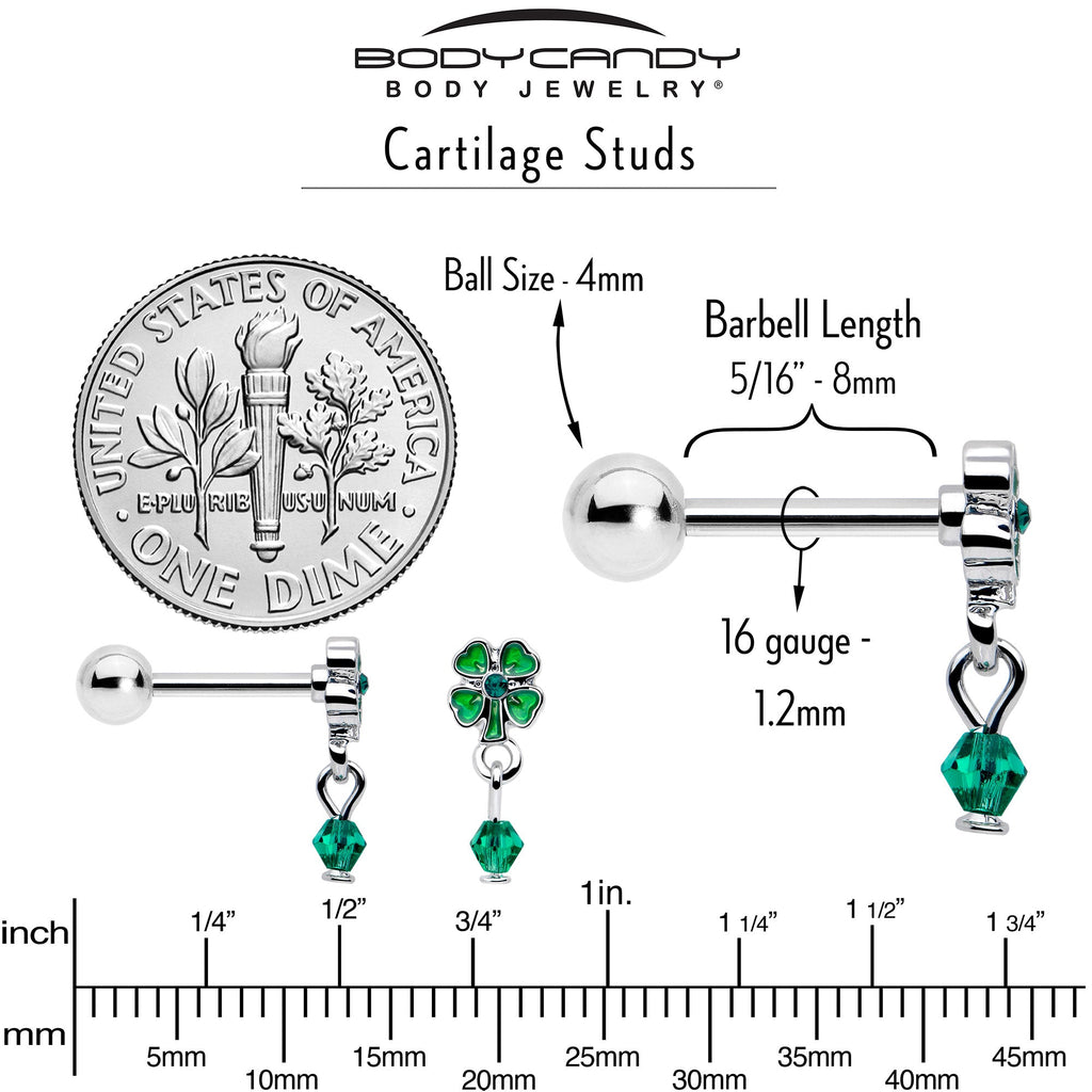 BodyCandy 16G 5/16 Green Gem Shamrock Glam St Patricks Dangle Cartilage Earring — back view
