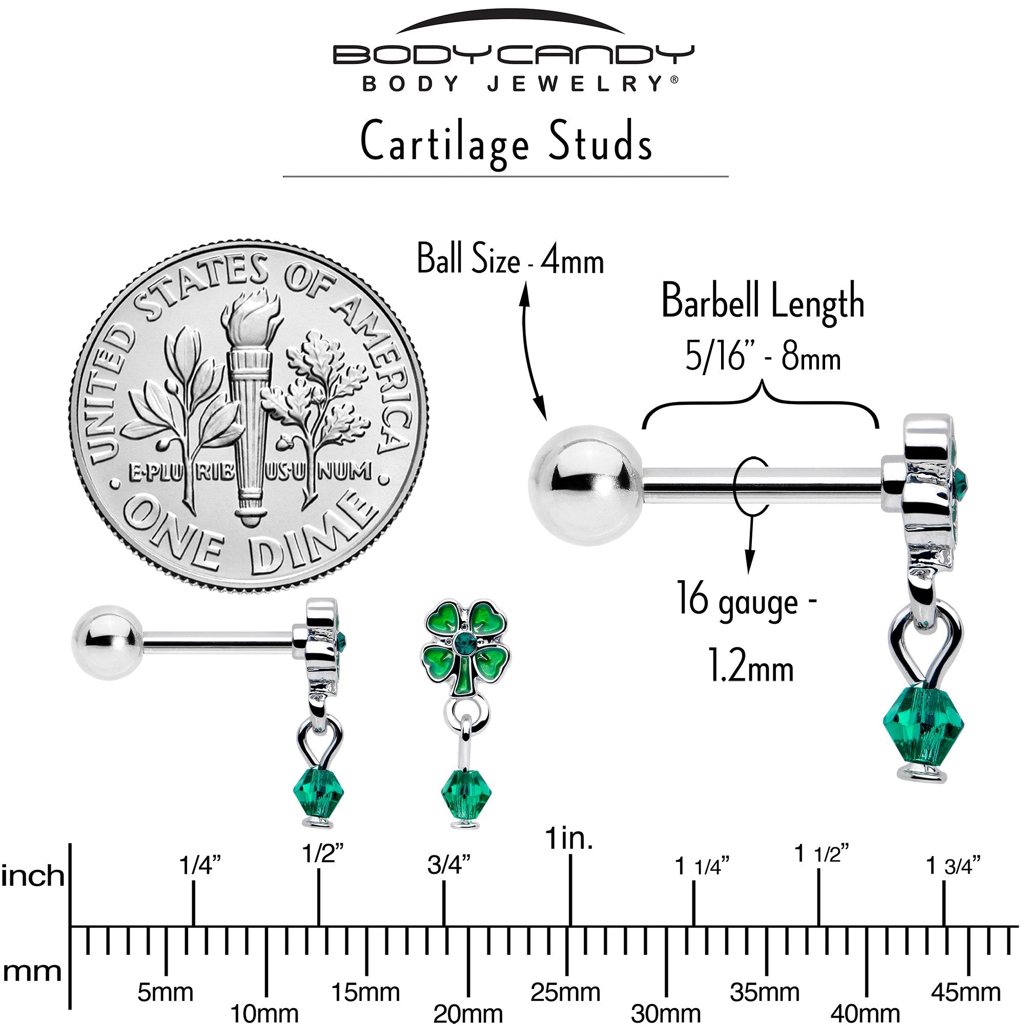 BodyCandy 16G 5/16 Green Gem Shamrock Glam St Patricks Dangle Cartilage Earring — back view