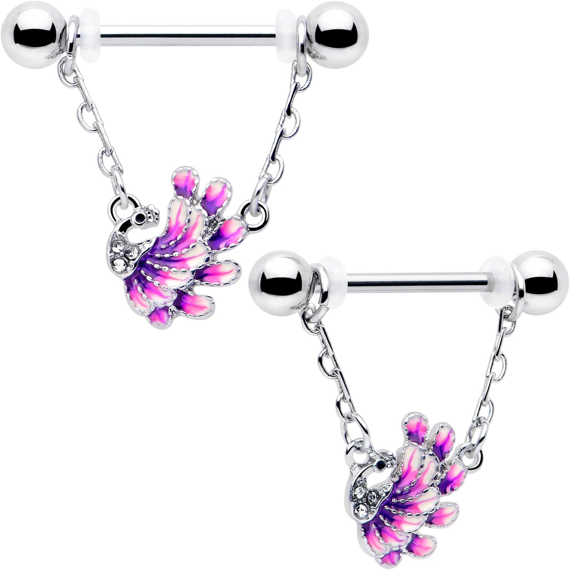 BodyCandy 14G 9/16 Clear Gem Peacock Purple Chain Dangle Nipple Ring Set — side view
