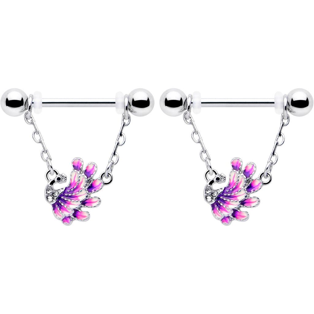 BodyCandy 14G 9/16 Clear Gem Peacock Purple Chain Dangle Nipple Ring Set — main product shot