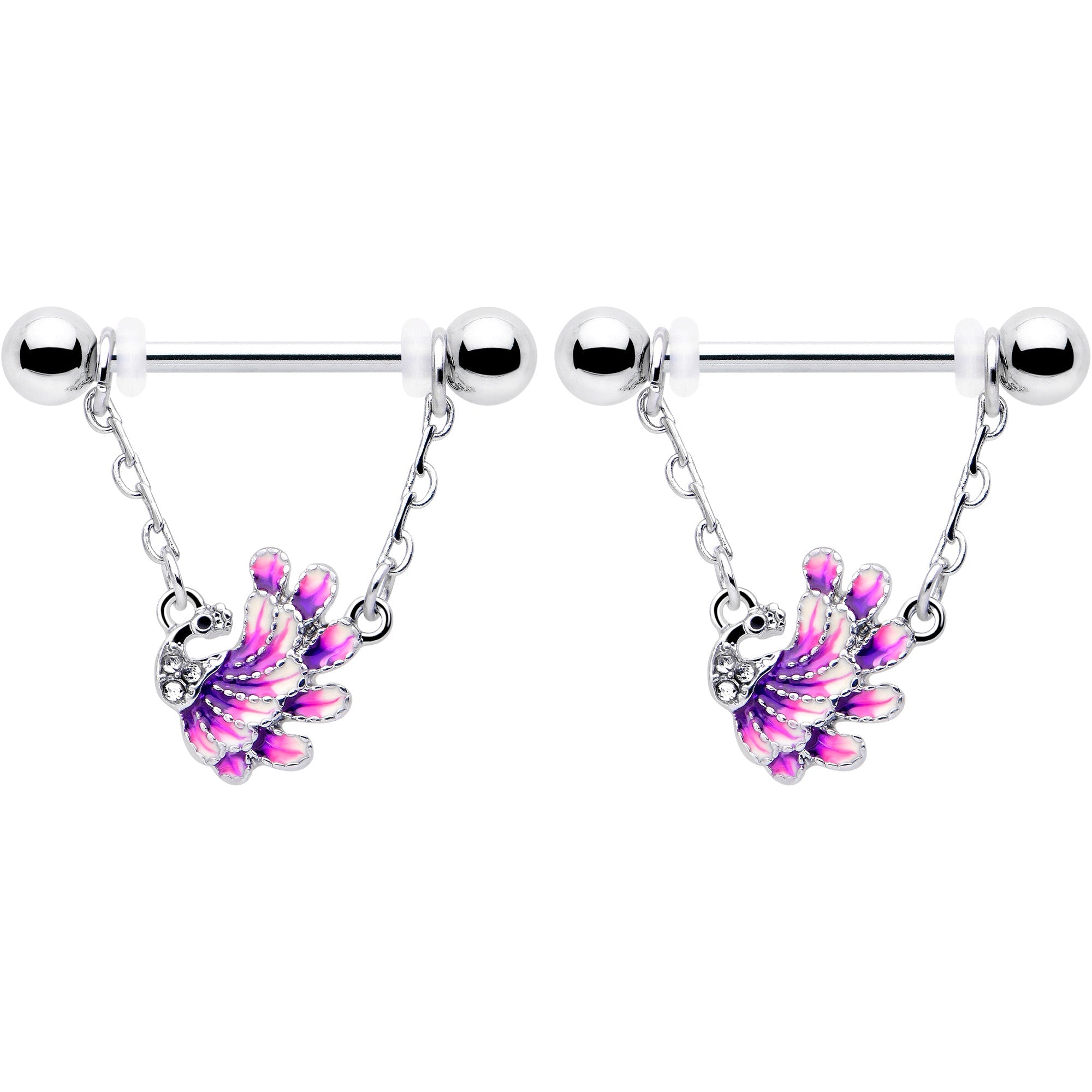 BodyCandy 14G 9/16 Clear Gem Peacock Purple Chain Dangle Nipple Ring Set — main product shot