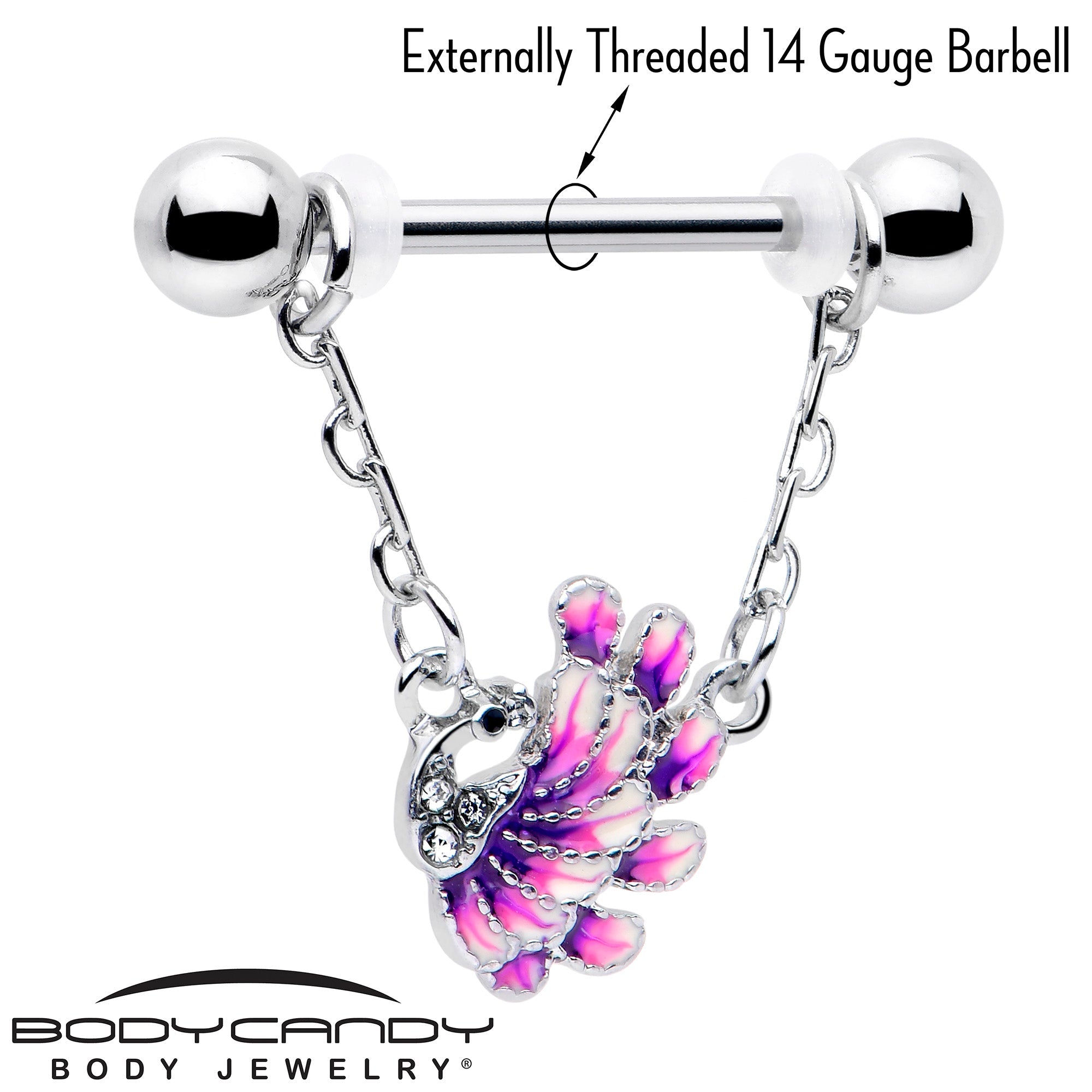 BodyCandy 14G 9/16 Clear Gem Peacock Purple Chain Dangle Nipple Ring Set — detail close-up