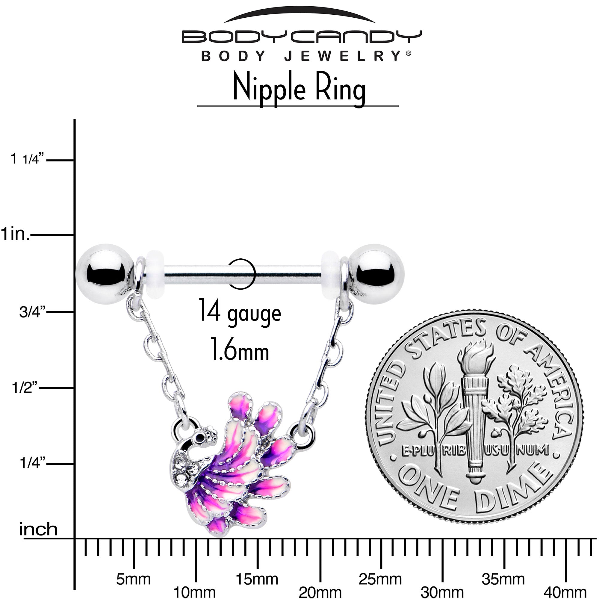 BodyCandy 14G 9/16 Clear Gem Peacock Purple Chain Dangle Nipple Ring Set — lifestyle context
