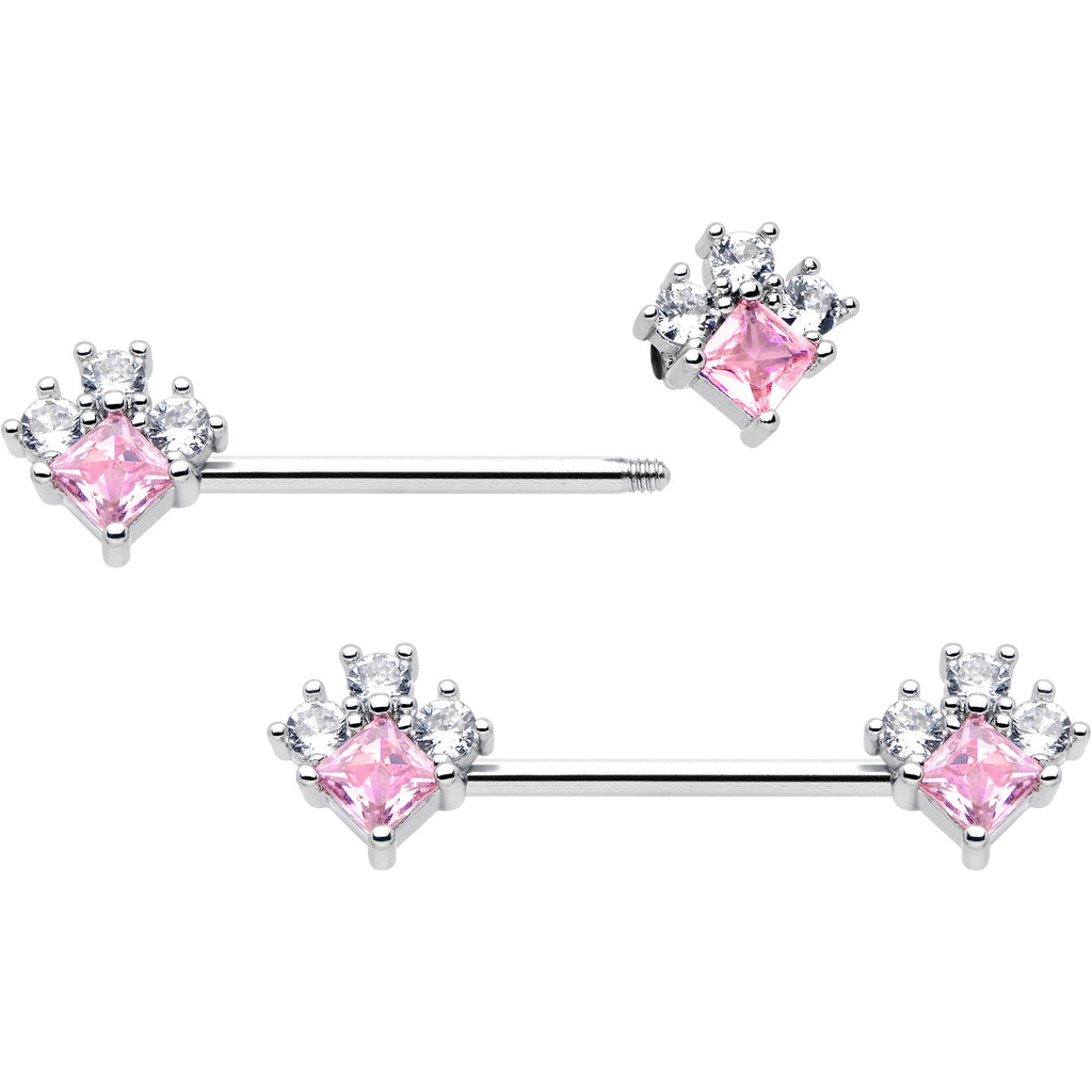 BodyCandy 14G 9/16 Pink Clear CZ Gem Rhombus Riot Barbell Nipple Ring Set — detail close-up