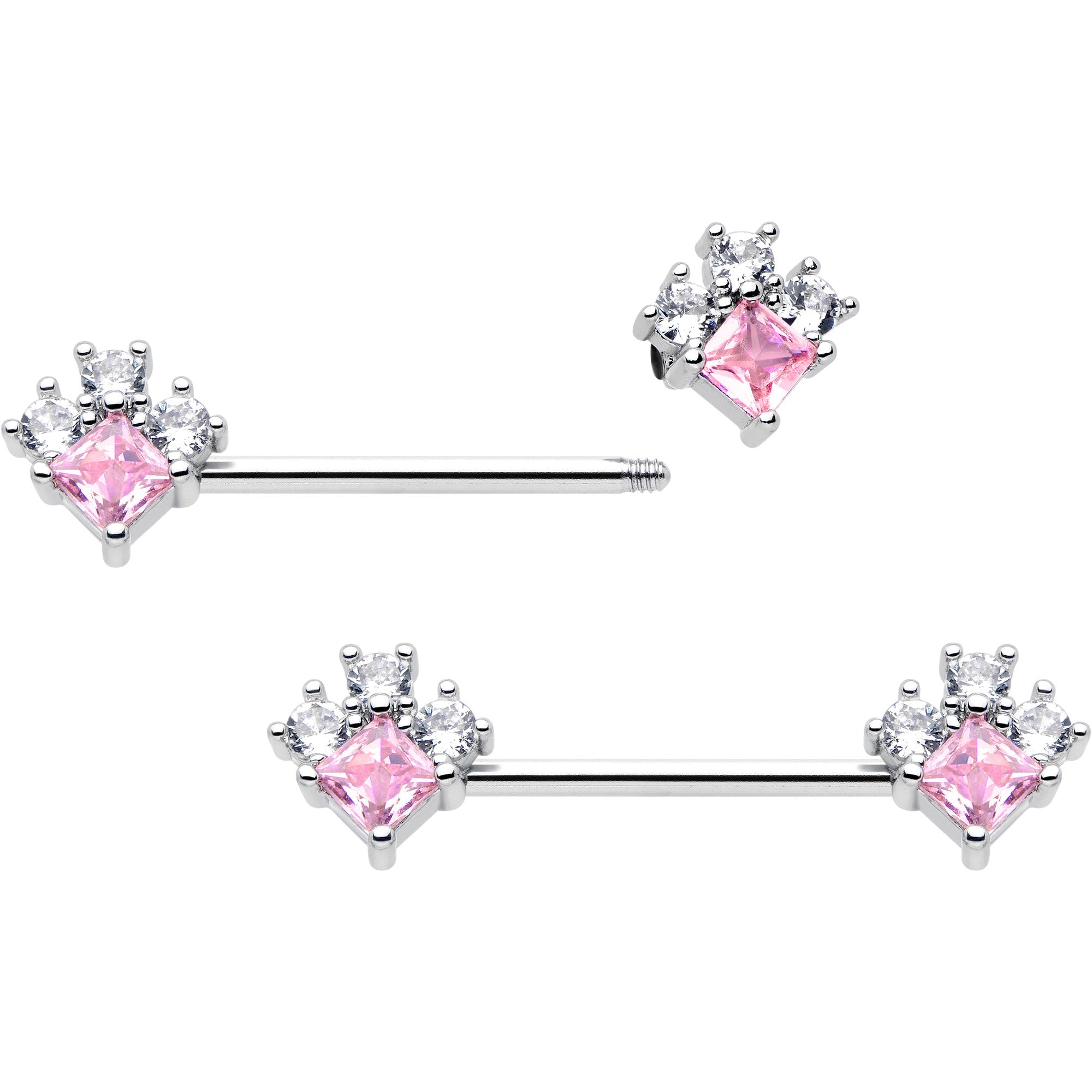 BodyCandy 14G 9/16 Pink Clear CZ Gem Rhombus Riot Barbell Nipple Ring Set — detail close-up