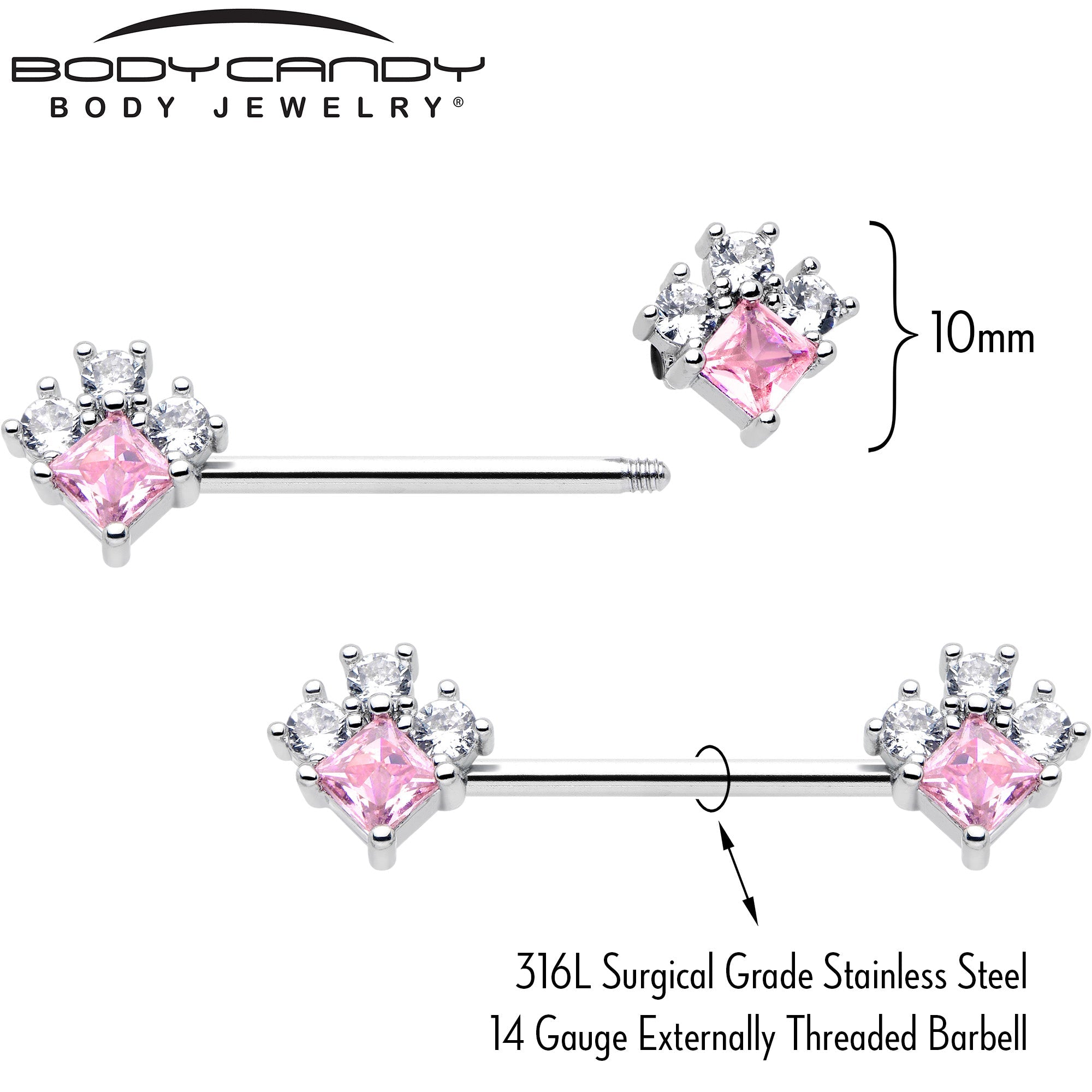 BodyCandy 14G 9/16 Pink Clear CZ Gem Rhombus Riot Barbell Nipple Ring Set — lifestyle context