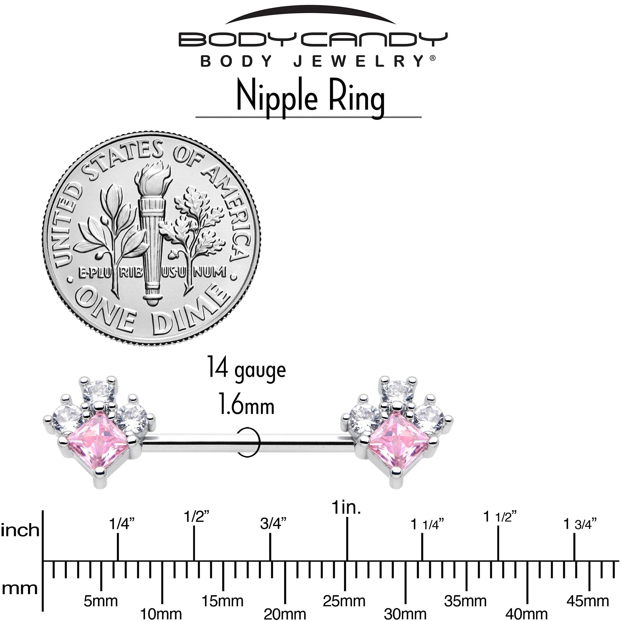 BodyCandy 14G 9/16 Pink Clear CZ Gem Rhombus Riot Barbell Nipple Ring Set — back view
