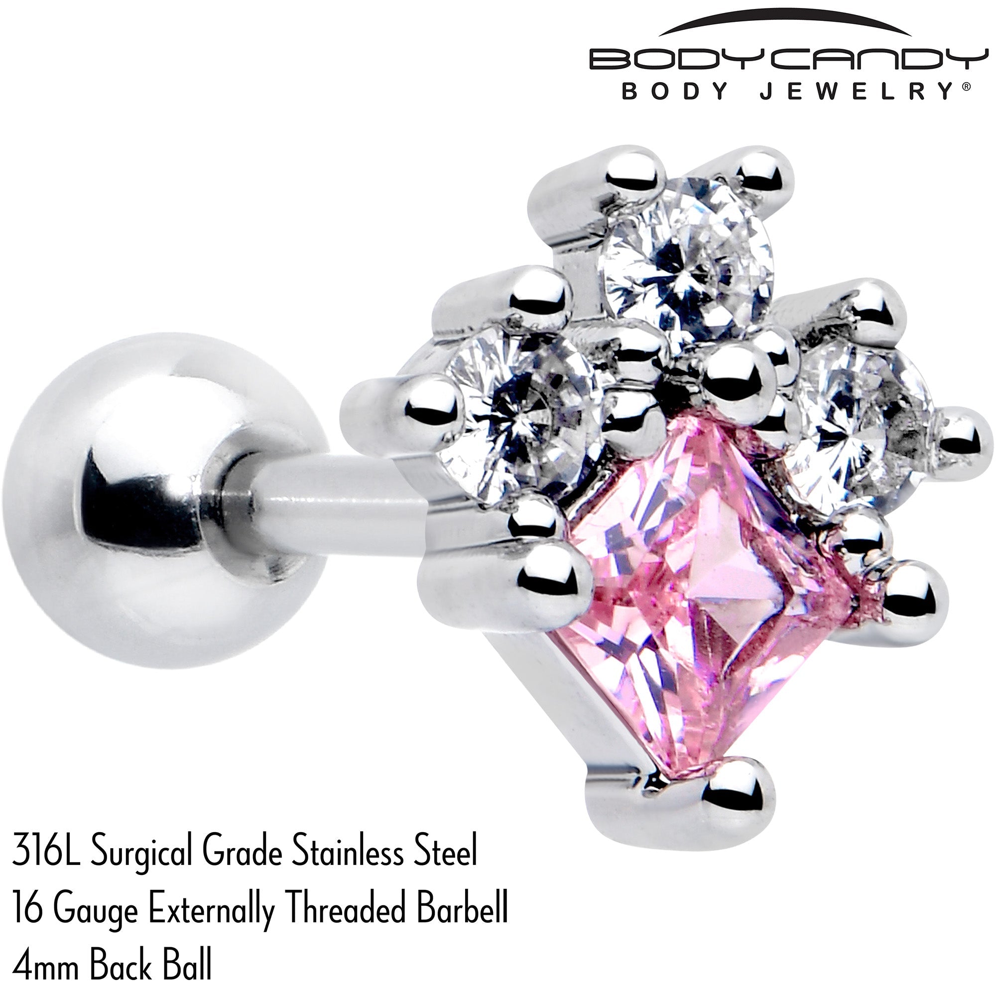 BodyCandy 16G 1/4 Pink Clear CZ Gem Rhombus Riot Cartilage Tragus Earring — detail close-up