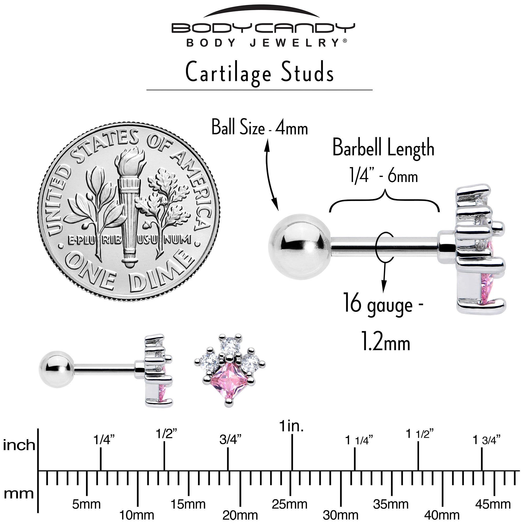 BodyCandy 16G 1/4 Pink Clear CZ Gem Rhombus Riot Cartilage Tragus Earring — alternative angle