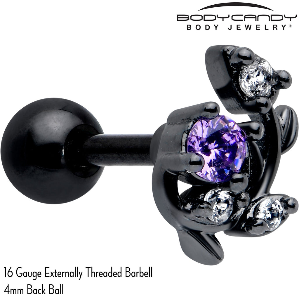 BodyCandy 16G 1/4 Purple CZ Gem Black Twining Vine Cartilage Tragus Earring — detail close-up