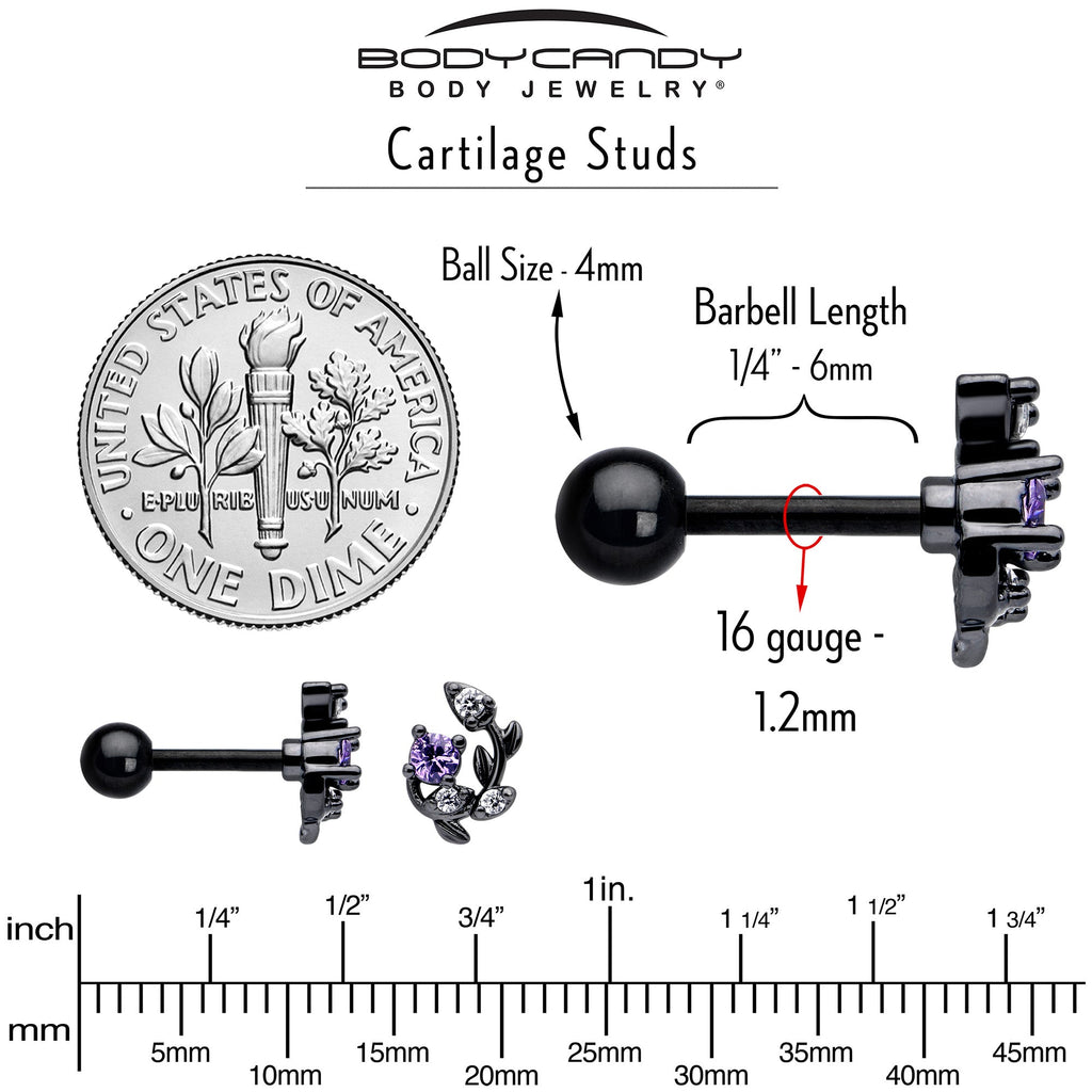BodyCandy 16G 1/4 Purple CZ Gem Black Twining Vine Cartilage Tragus Earring — alternative angle