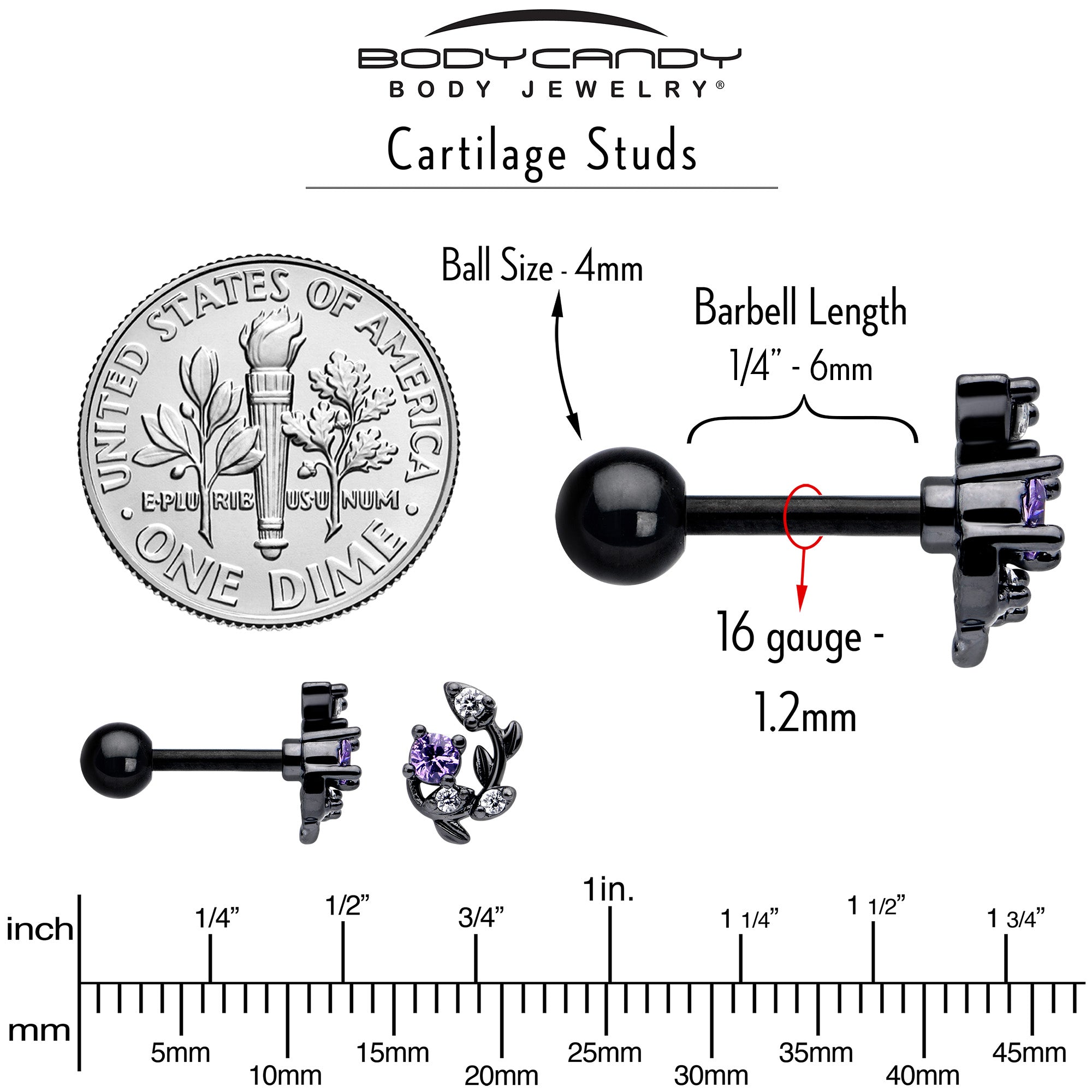 BodyCandy 16G 1/4 Purple CZ Gem Black Twining Vine Cartilage Tragus Earring — alternative angle