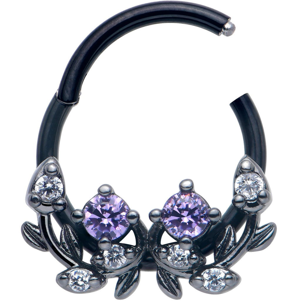 BodyCandy 16G 3/8 Purple Gem Black Twining Vine Hinged Segment Ring — detail close-up