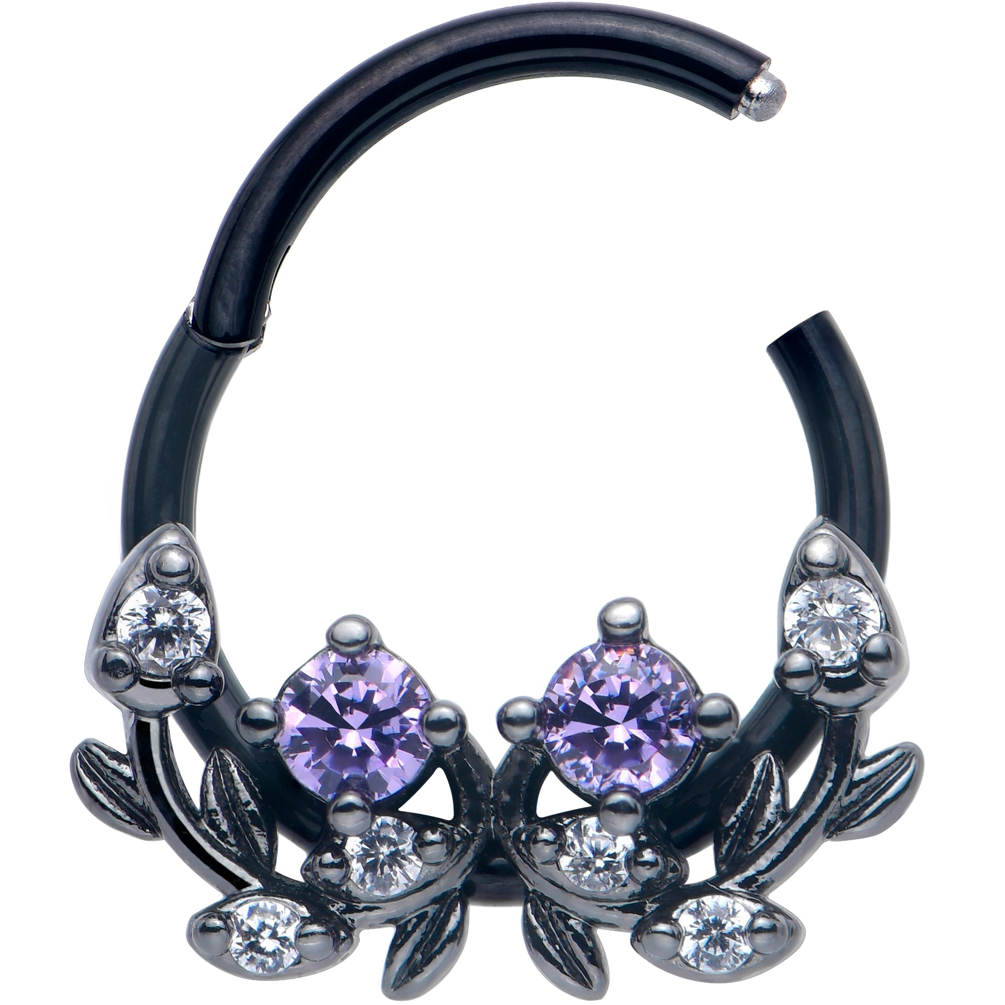 BodyCandy 16G 3/8 Purple Gem Black Twining Vine Hinged Segment Ring — detail close-up
