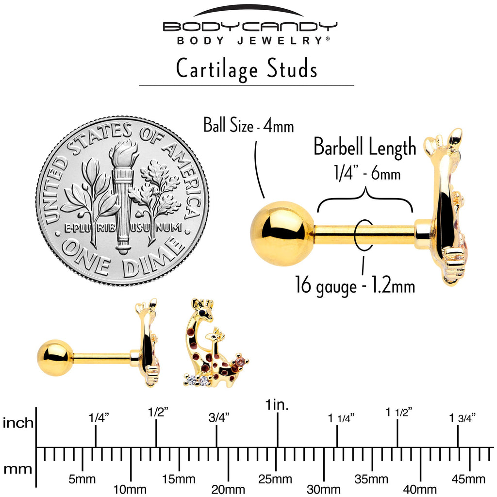 BodyCandy 16G 1/4 Clear CZ Gem Gold Tone Mom Baby Giraffes Cartilage Earring — side view