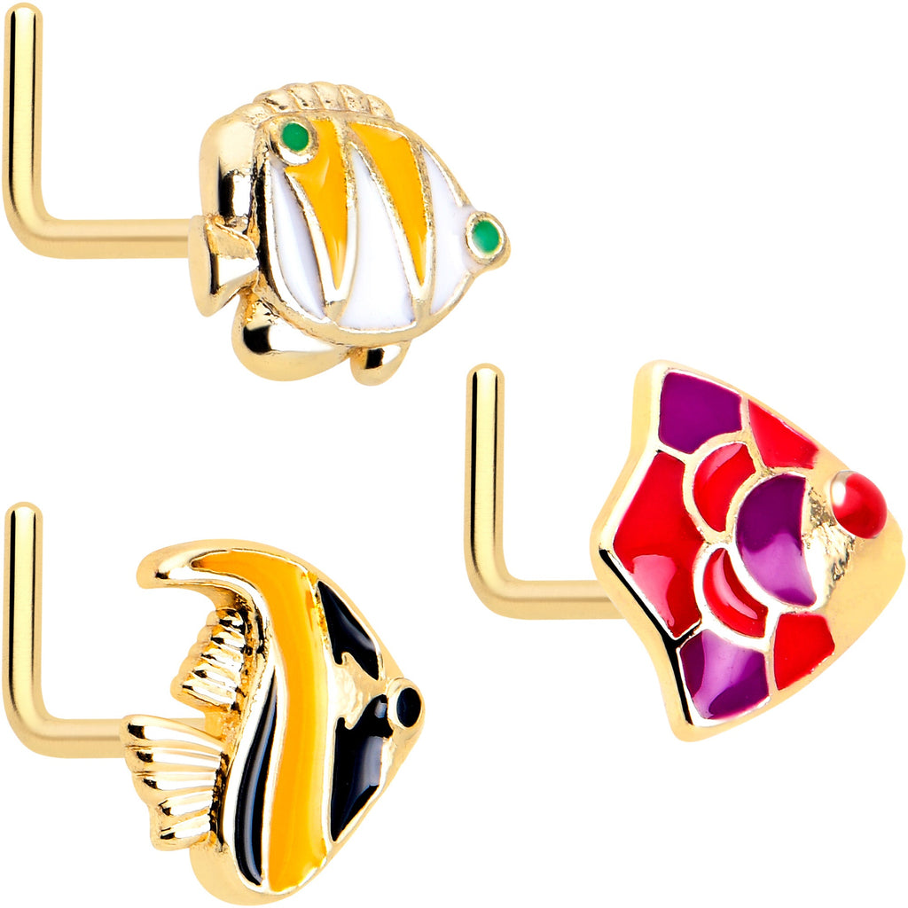 BodyCandy 20G 7mm Gold Tone Tropical Fish L Shape Nose Ring Set of 3 — main product shot