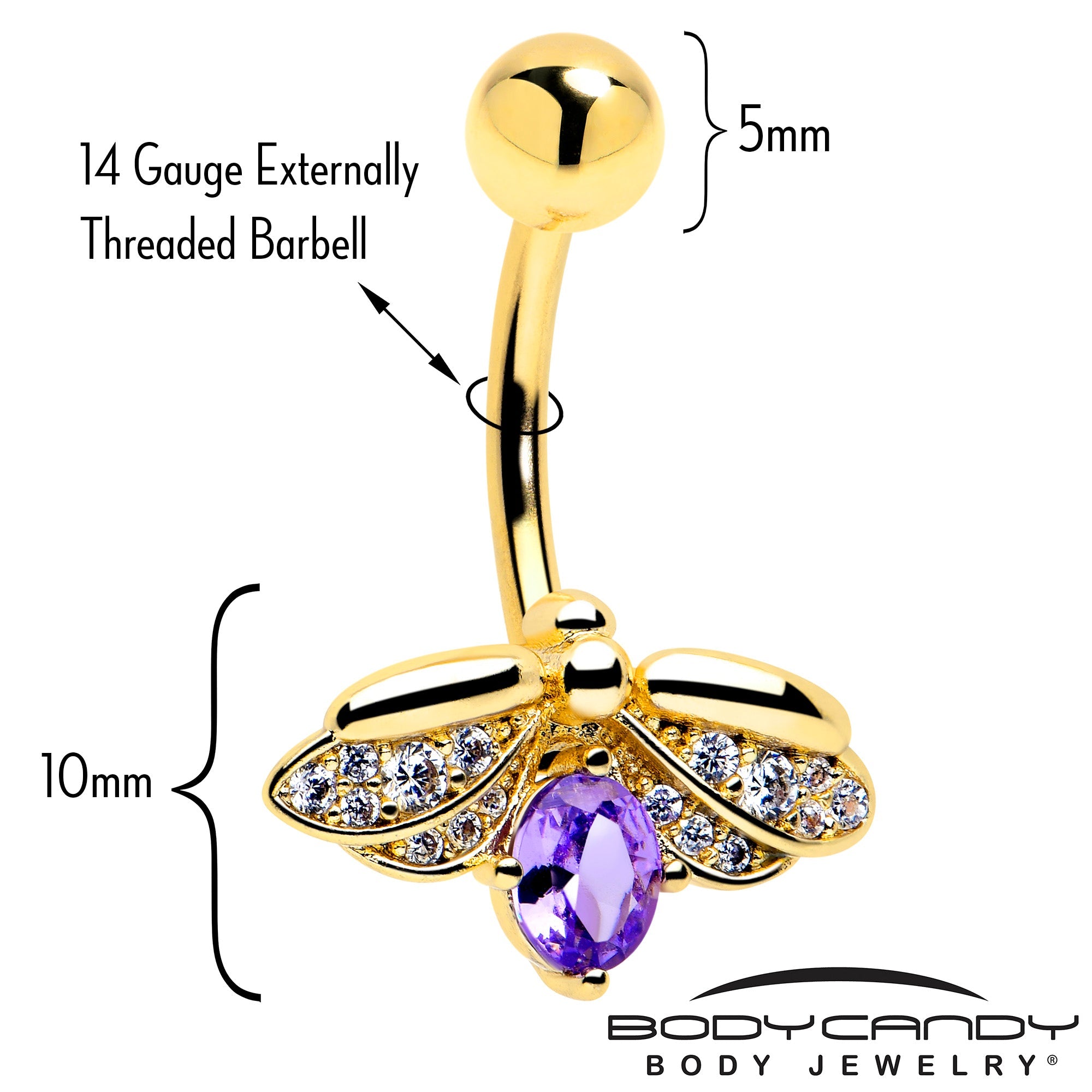BodyCandy Purple Clear Gem Gold Tone Beauty Bug Belly Ring — detail close-up