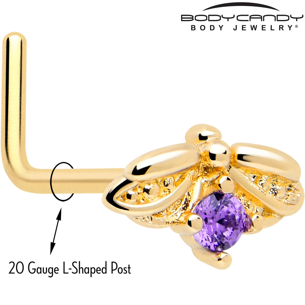 BodyCandy 20G 7mm Purple Gem Gold Tone Beauty Bug L Shape Nose Ring — detail close-up